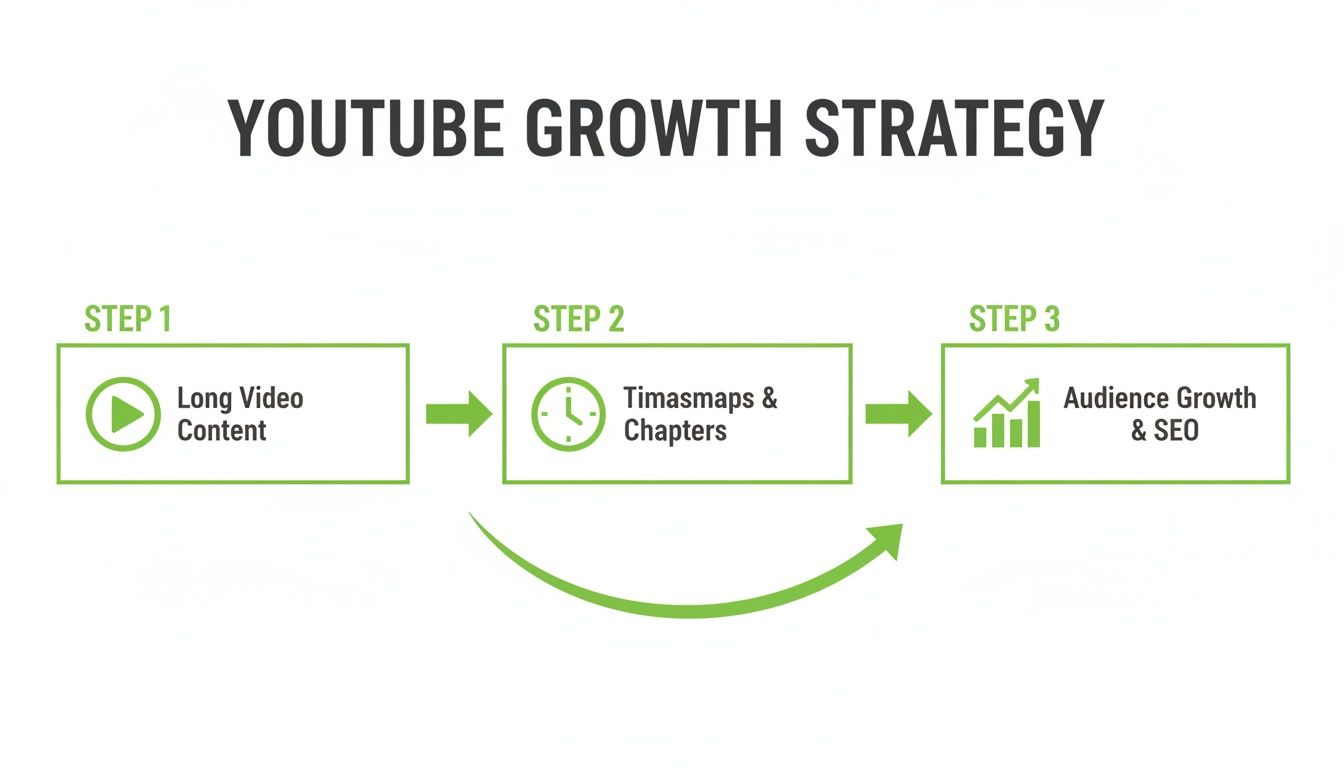 A diagram illustrating a 3-step YouTube growth strategy: long video content, timestamps & chapters, and audience growth & SEO.
