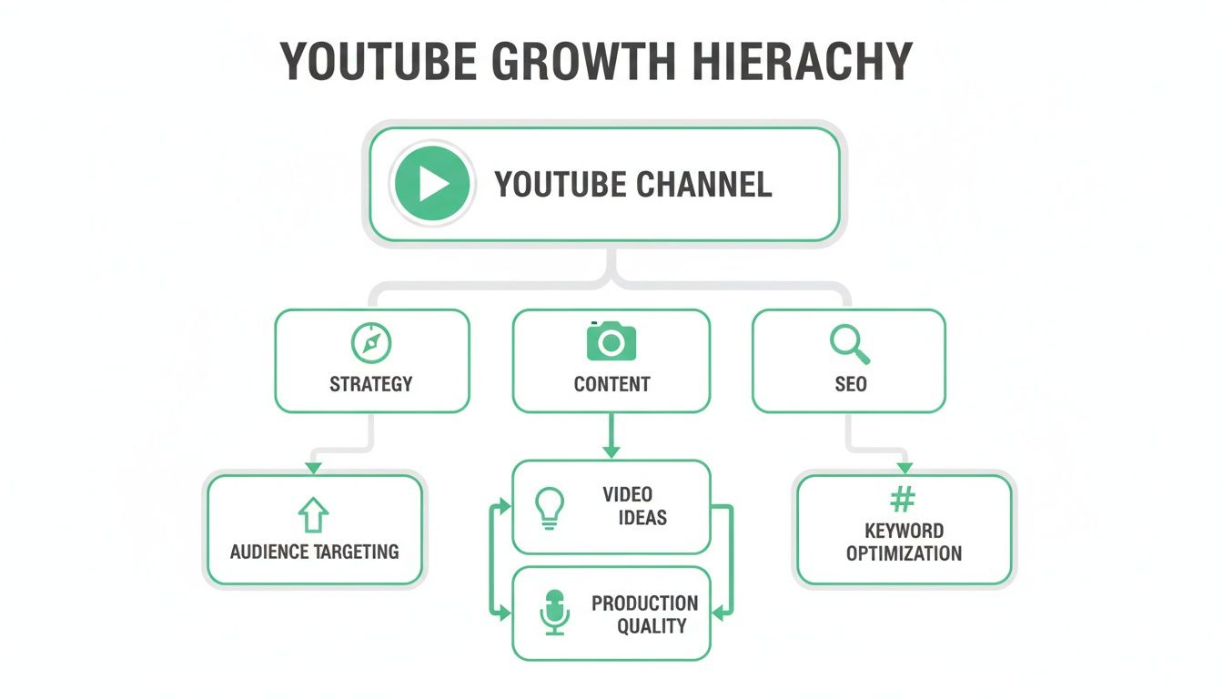 Diagram illustrating the YouTube growth hierarchy, covering strategy, content, and SEO for channel success.