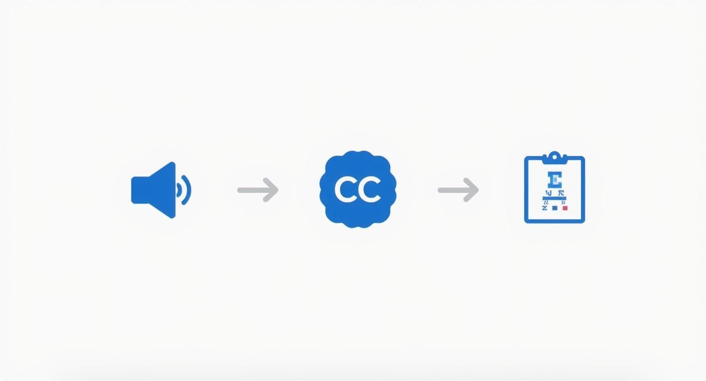 Process flow diagram showing audio icon to closed captions badge to transcript clipboard document