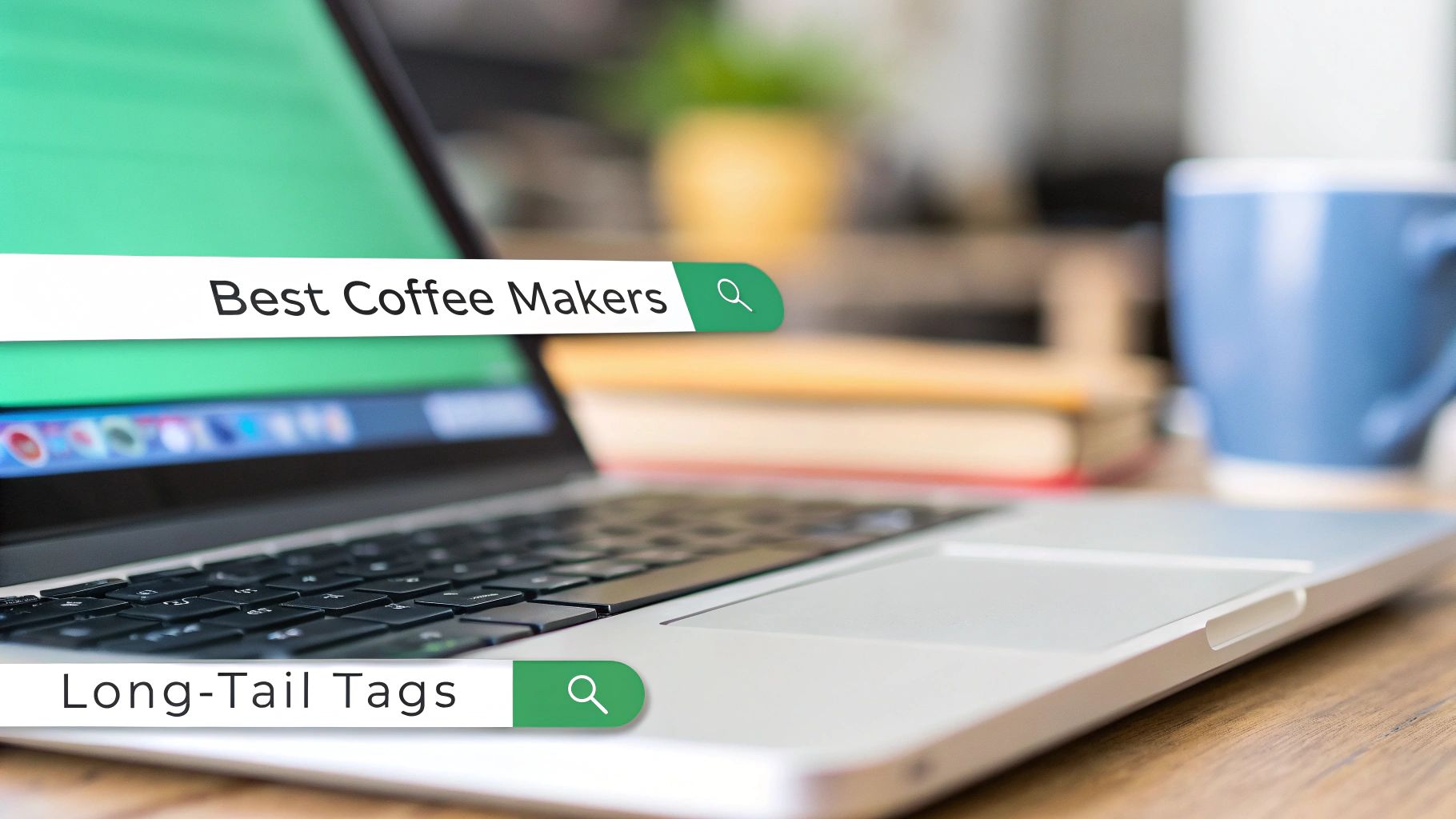 A laptop displaying search bars for 'Best Coffee Makers' and 'Long-Tail Tags' on a wooden desk.