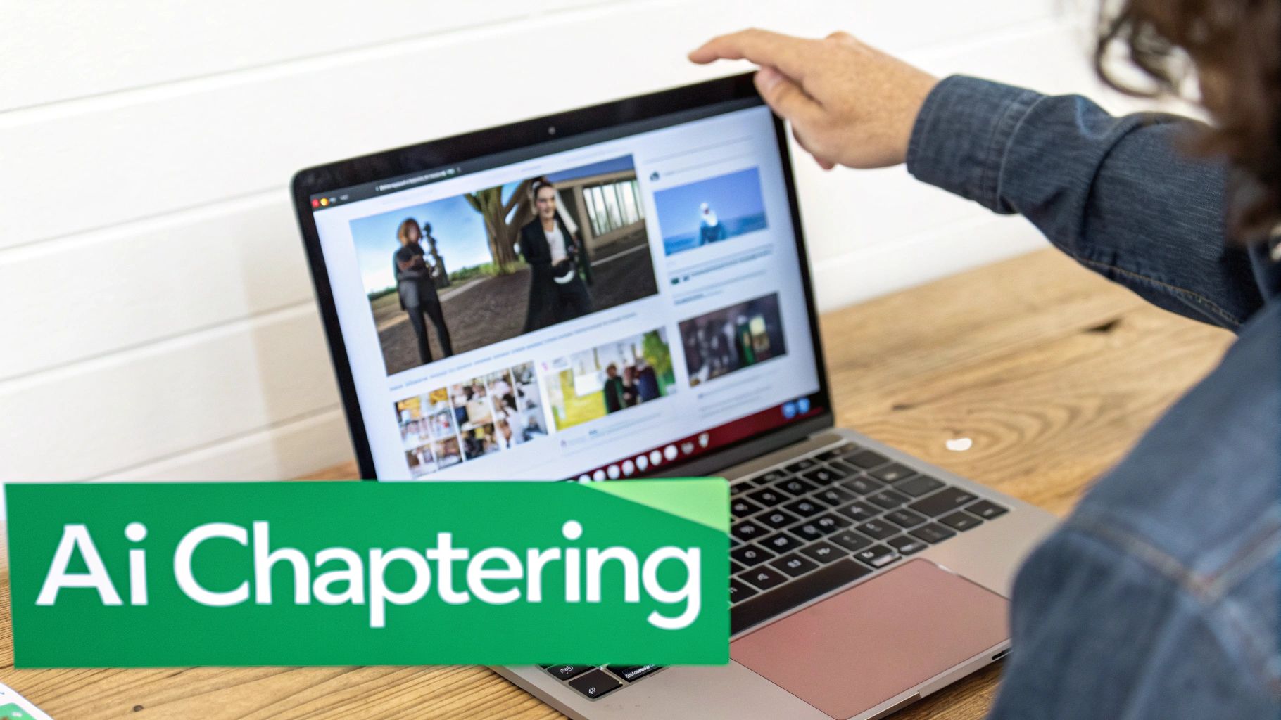 A person's hand points at a laptop screen displaying multiple video thumbnails, next to an 'Ai Chaptering' sign.