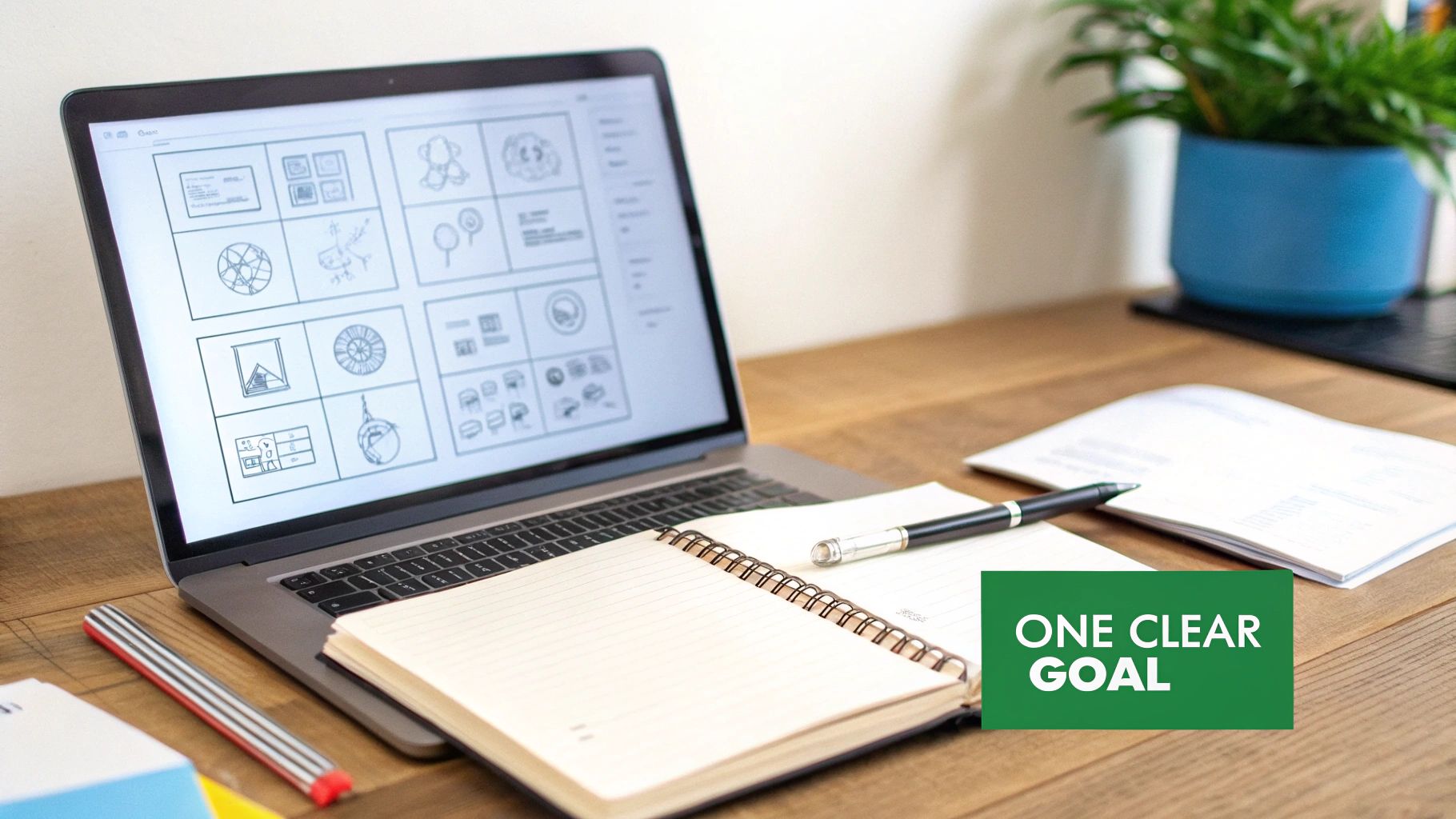A laptop on a wooden desk displays design sketches next to an open notebook, pen, and a plant. Text overlay reads 'ONE CLEAR GOAL'.