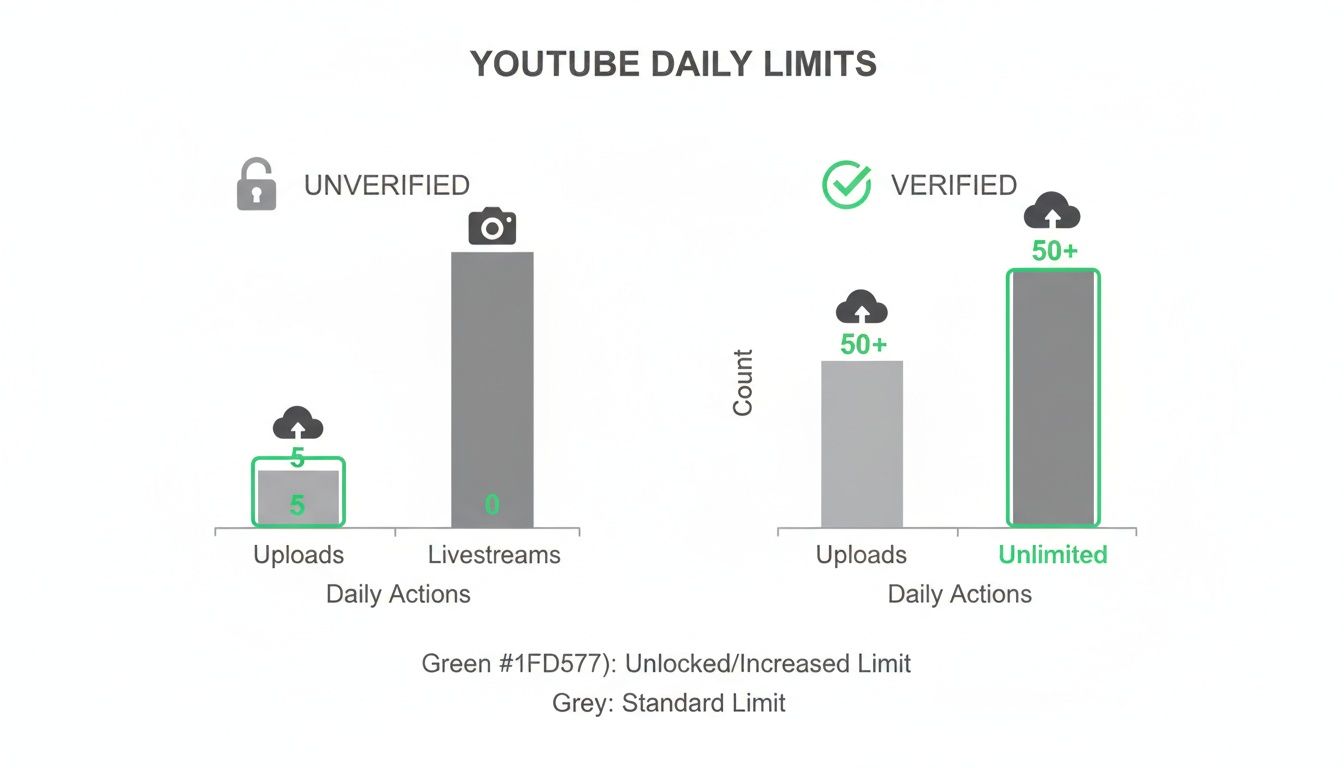 YouTube daily limits: unverified accounts have lower upload and no livestream limits than verified.