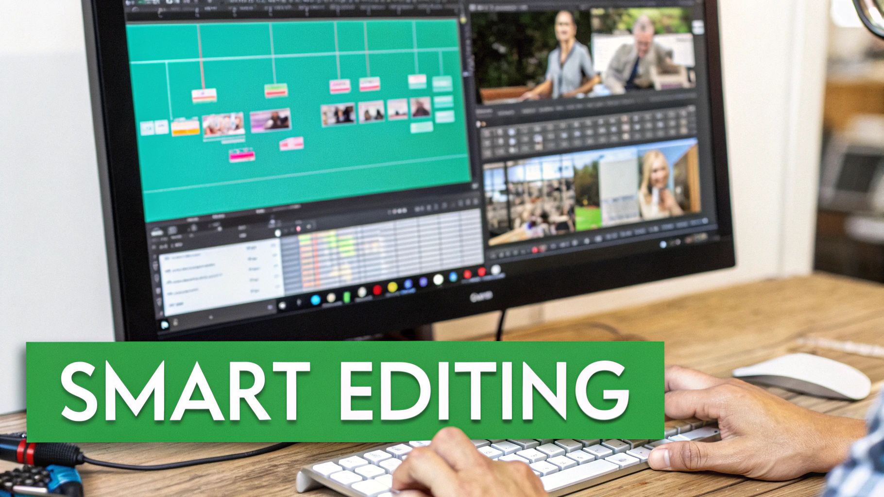 A person's hands on a keyboard, editing videos on a large computer screen displaying a timeline and multiple video previews.