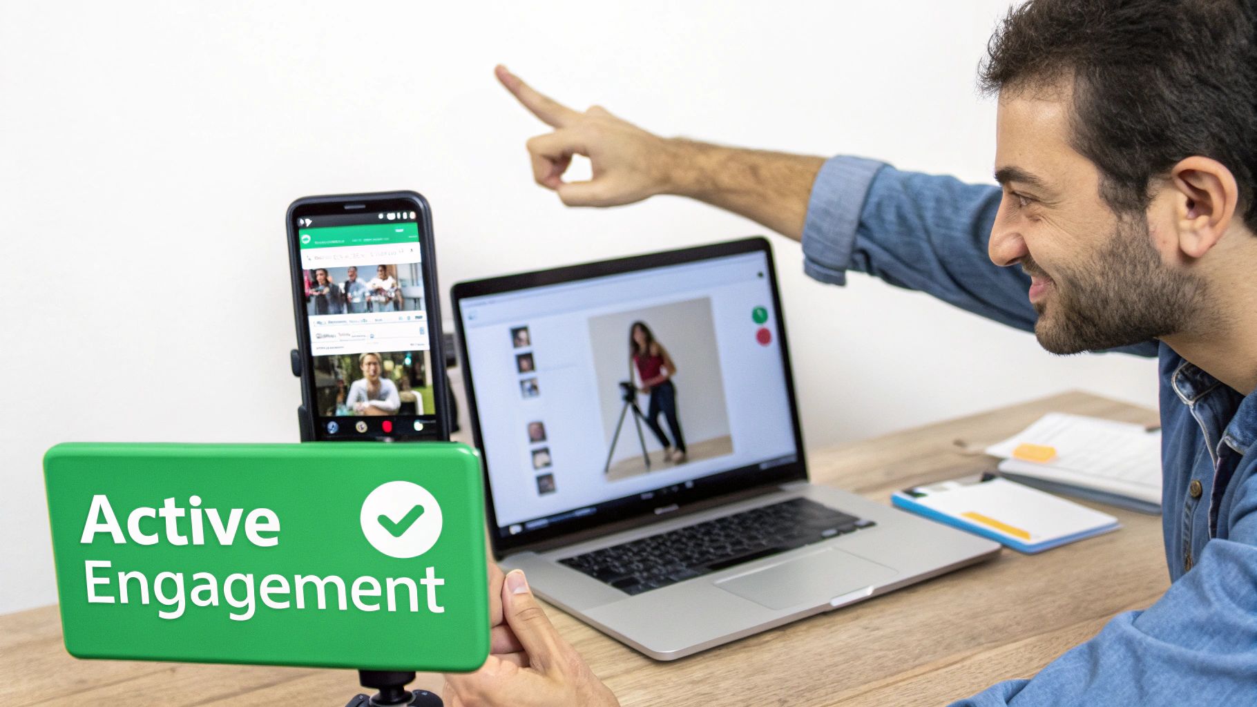 Smiling man points at a laptop and phone displaying collaborative online content and active engagement.