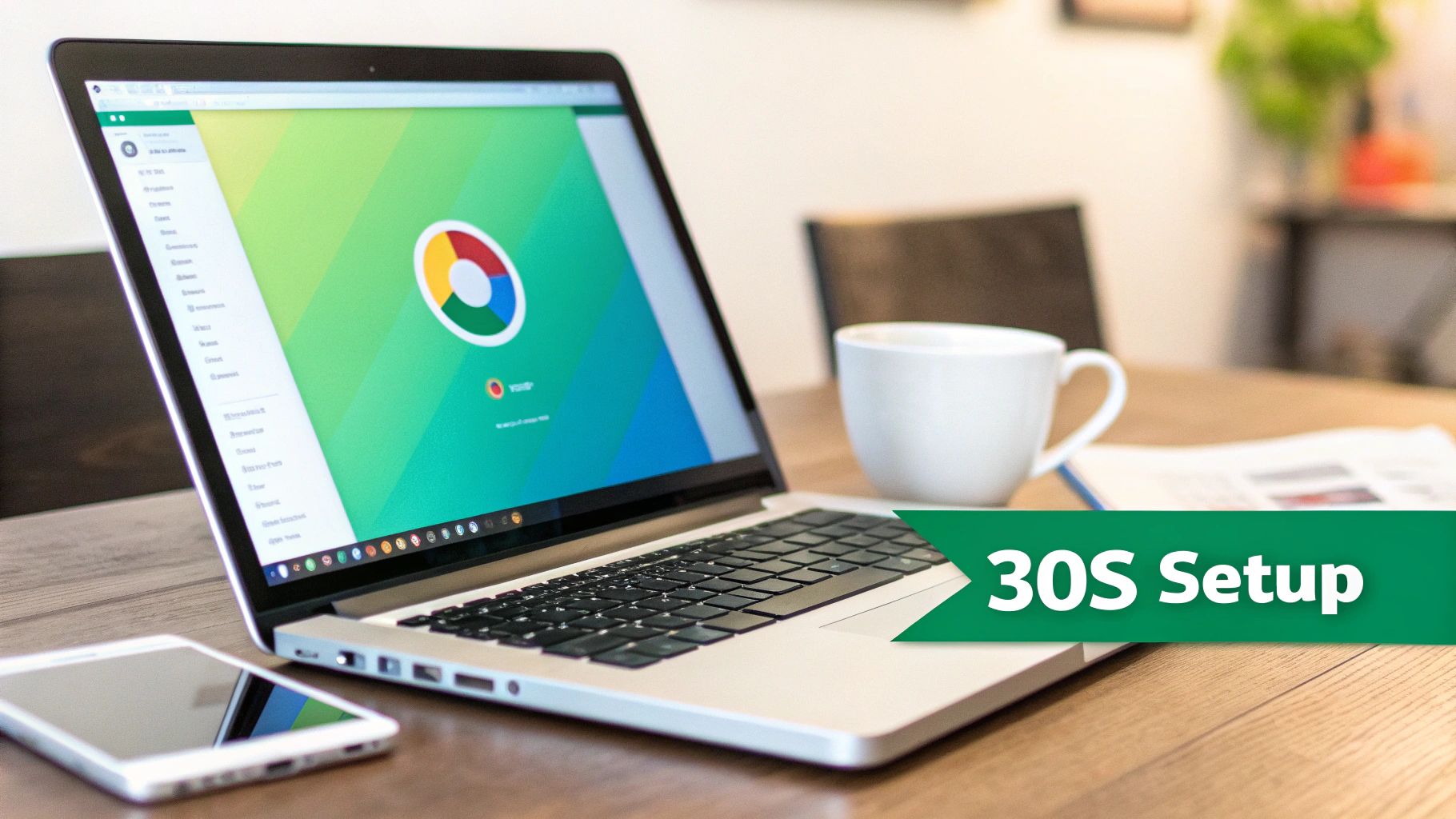 Modern workspace with a laptop displaying Chrome, a smartphone, and a coffee mug on a wooden table.