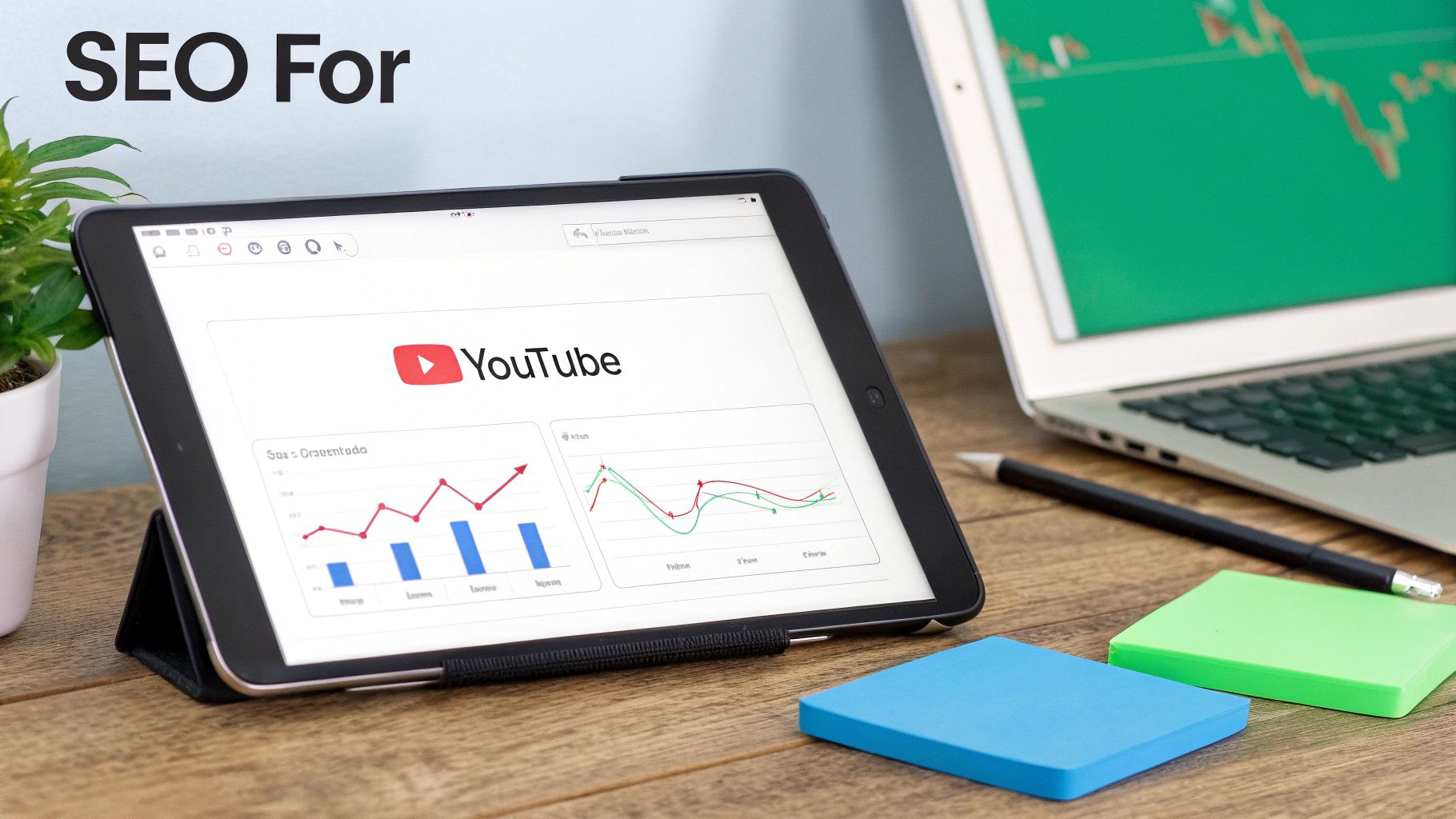 A magnifying glass hovering over a computer screen with YouTube's search bar, symbolizing SEO research.