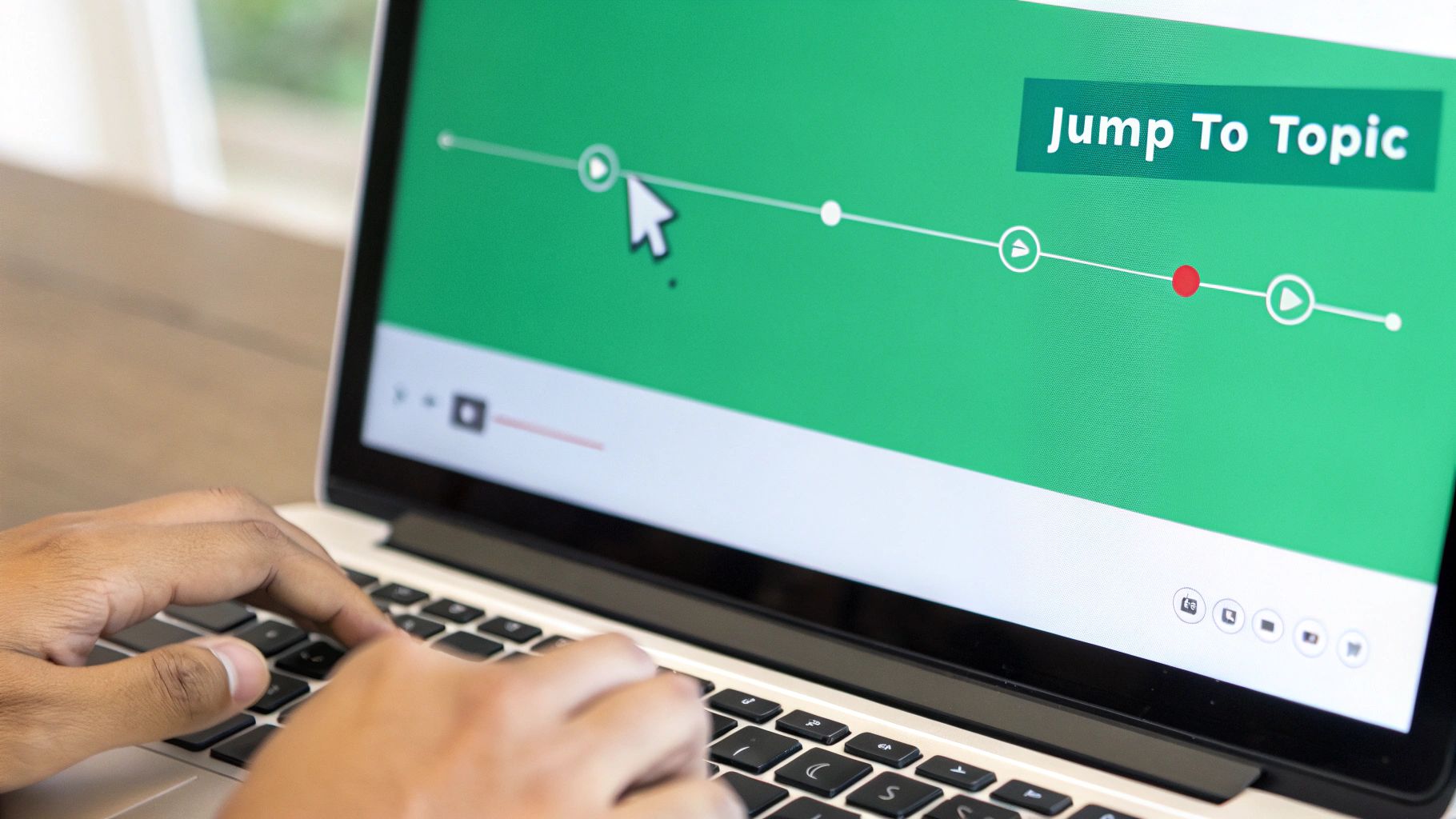 Close-up of hands typing on a laptop screen showing a green video player with 'Jump To Topic' text and a timeline.