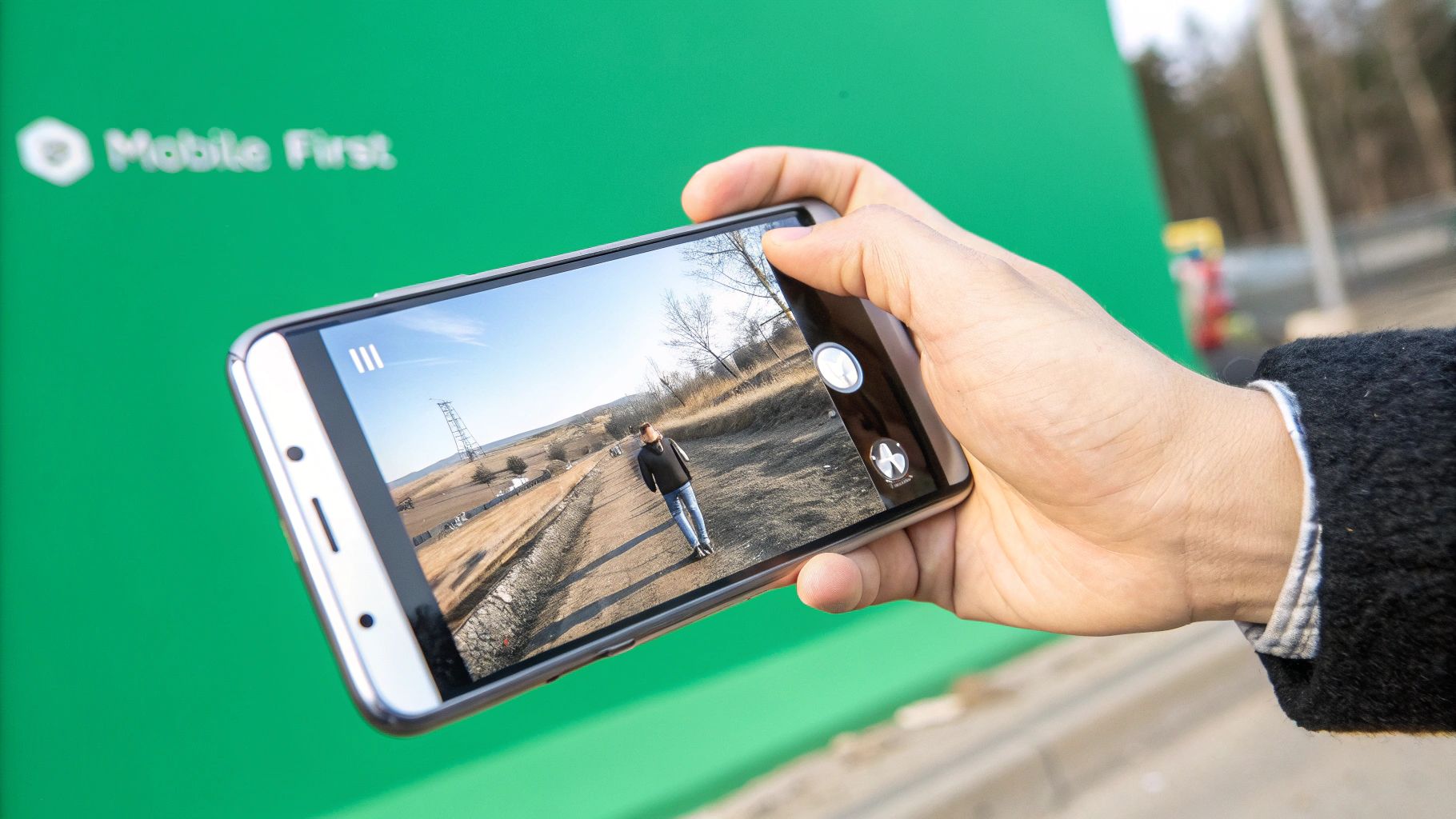A person holding a smartphone, with a video playing on the screen. The background is blurred, focusing on the mobile viewing experience.