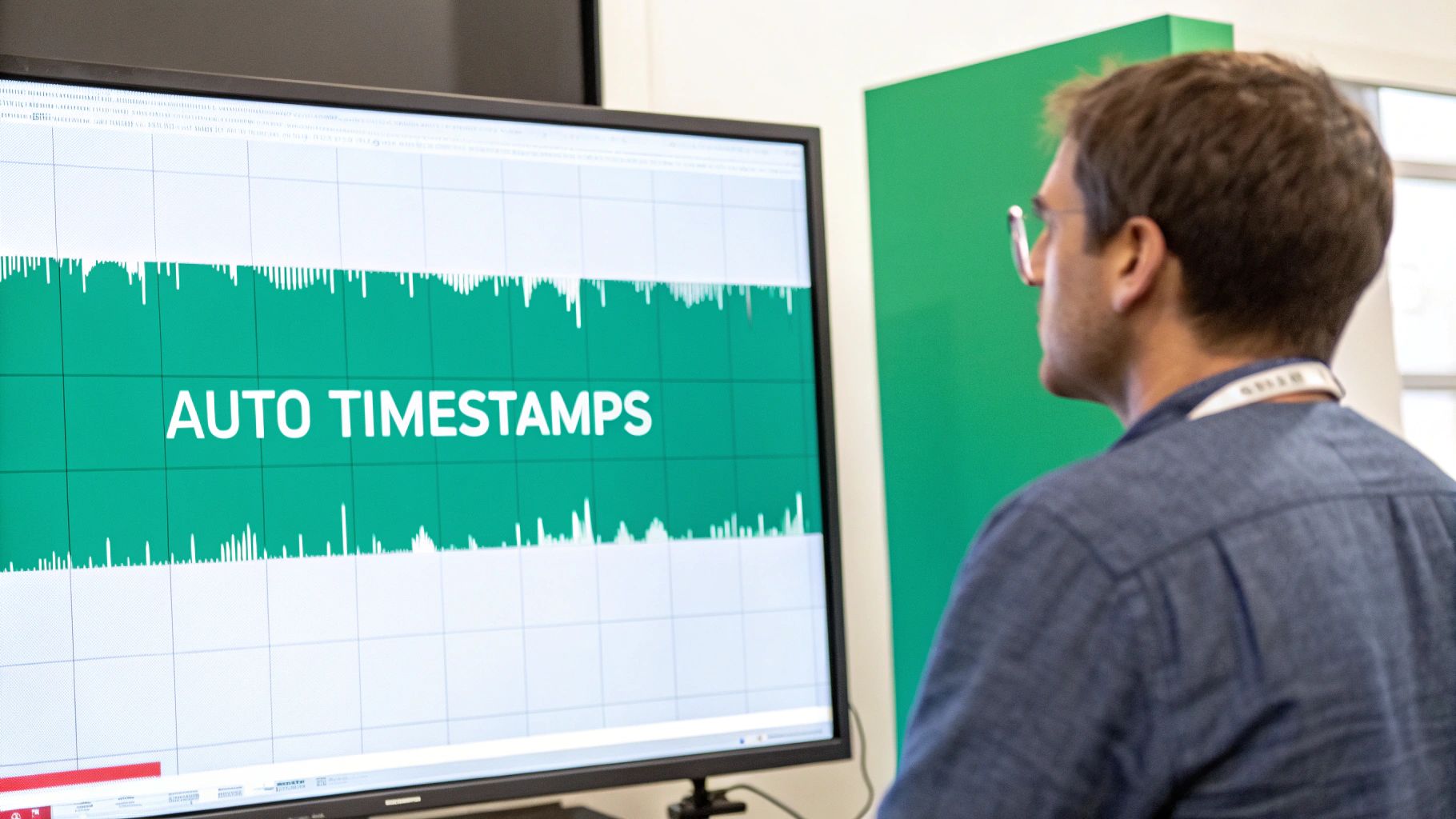 A person with glasses views a large monitor showing "AUTO TIMESTAMPS" over a green background with waveform data.