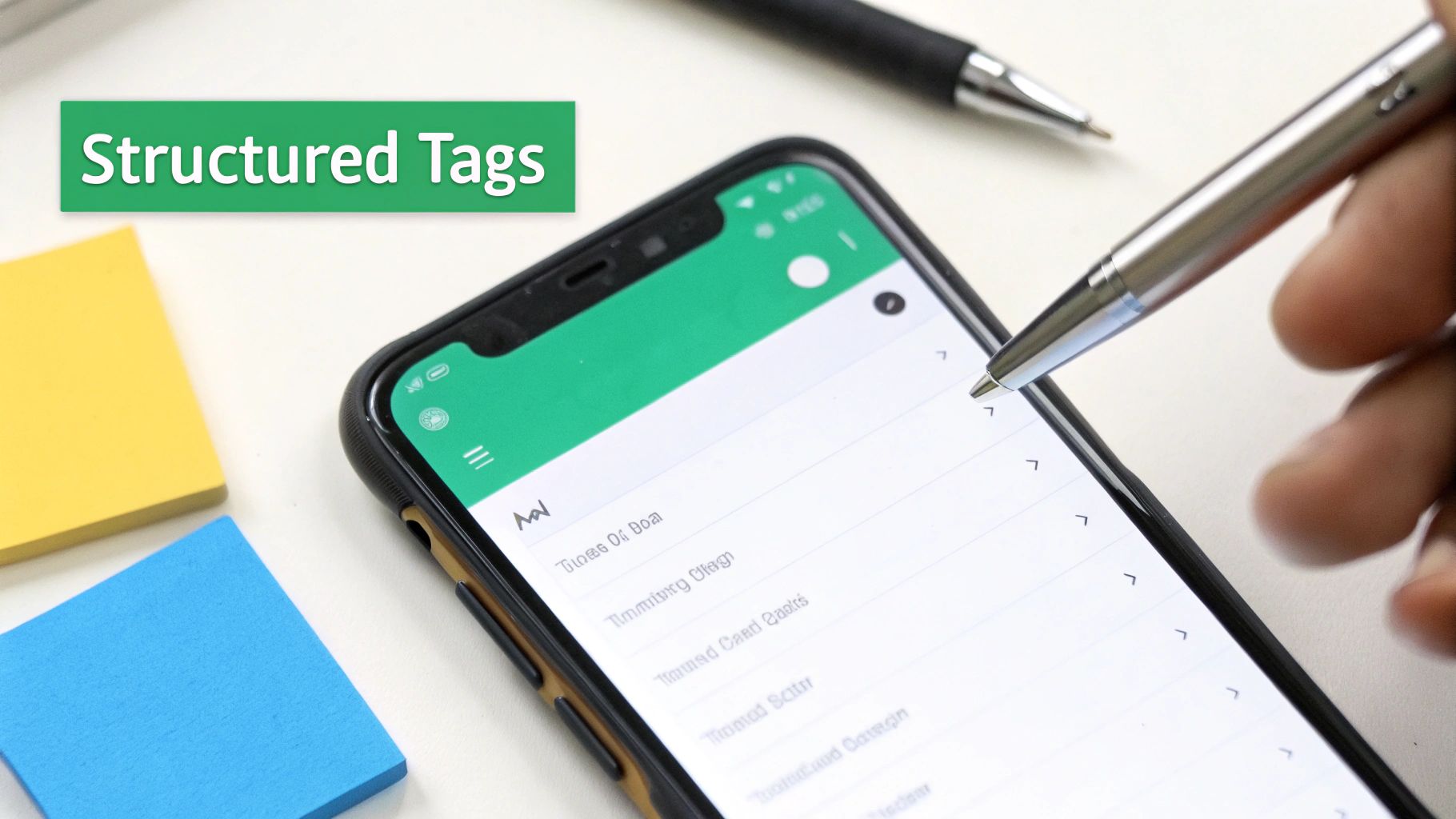 A hand holding a pen tapping on a smartphone screen displaying 'Structured Tags' and a list.