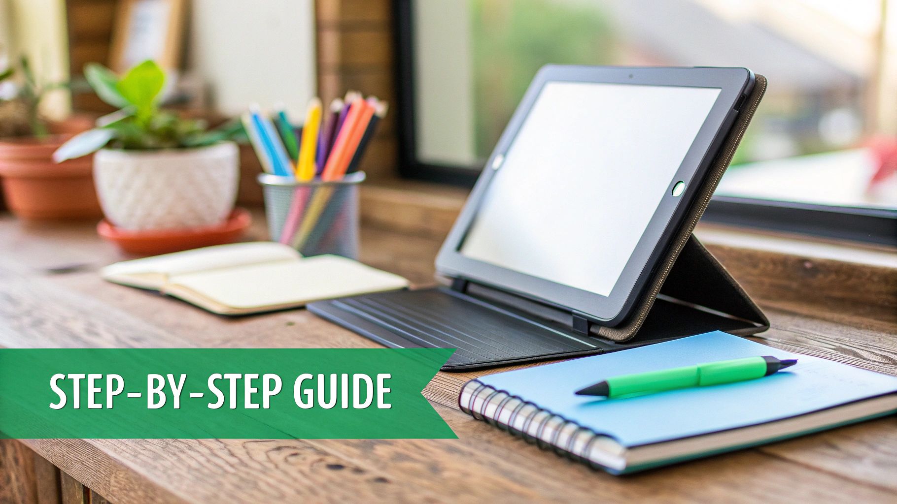A neatly organized workspace with a tablet, notebooks, pens, and potted plants on a wooden desk, featuring a 'STEP-BY-STEP GUIDE' banner.