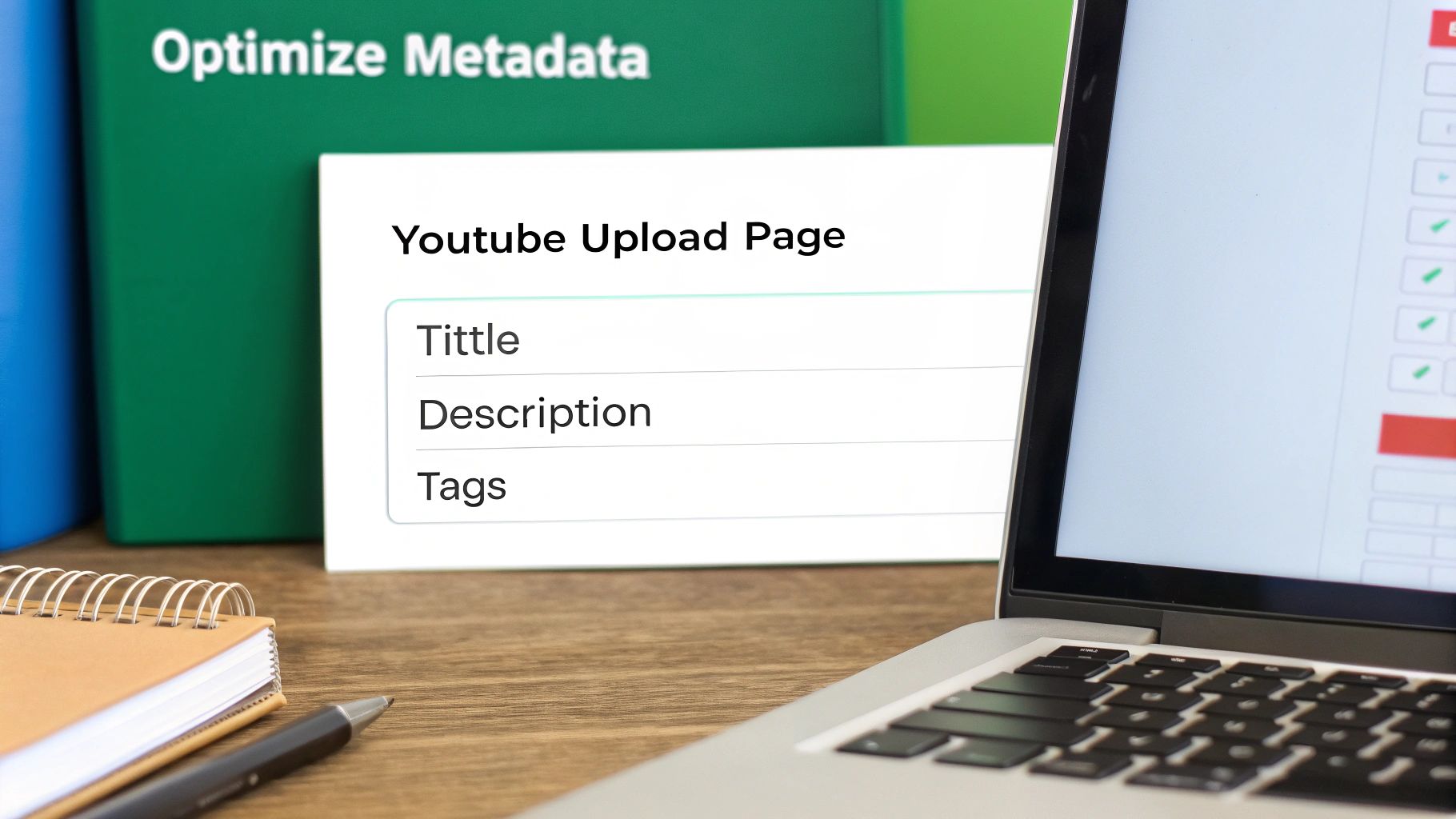 A laptop displaying a YouTube upload page with metadata fields like title, description, and tags, suggesting content optimization.