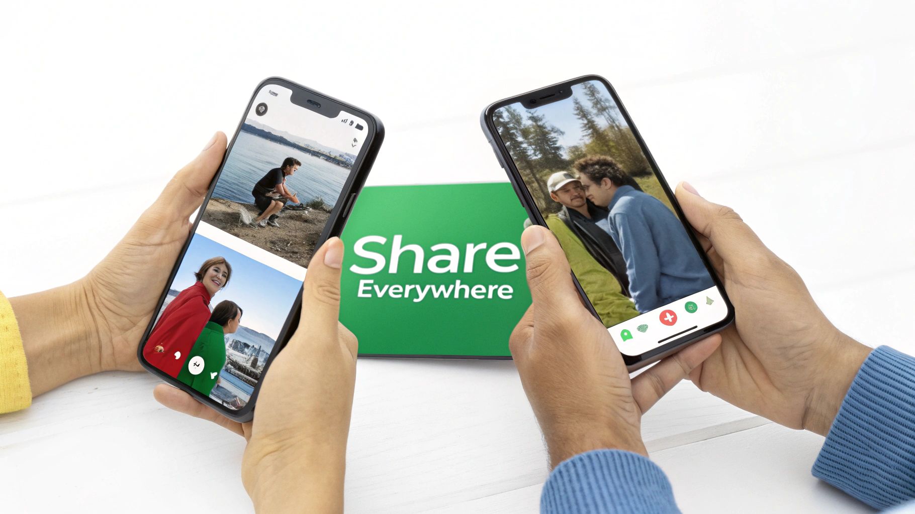 People holding smartphones showcasing images, highlighting a 'Share Everywhere' content sharing message.