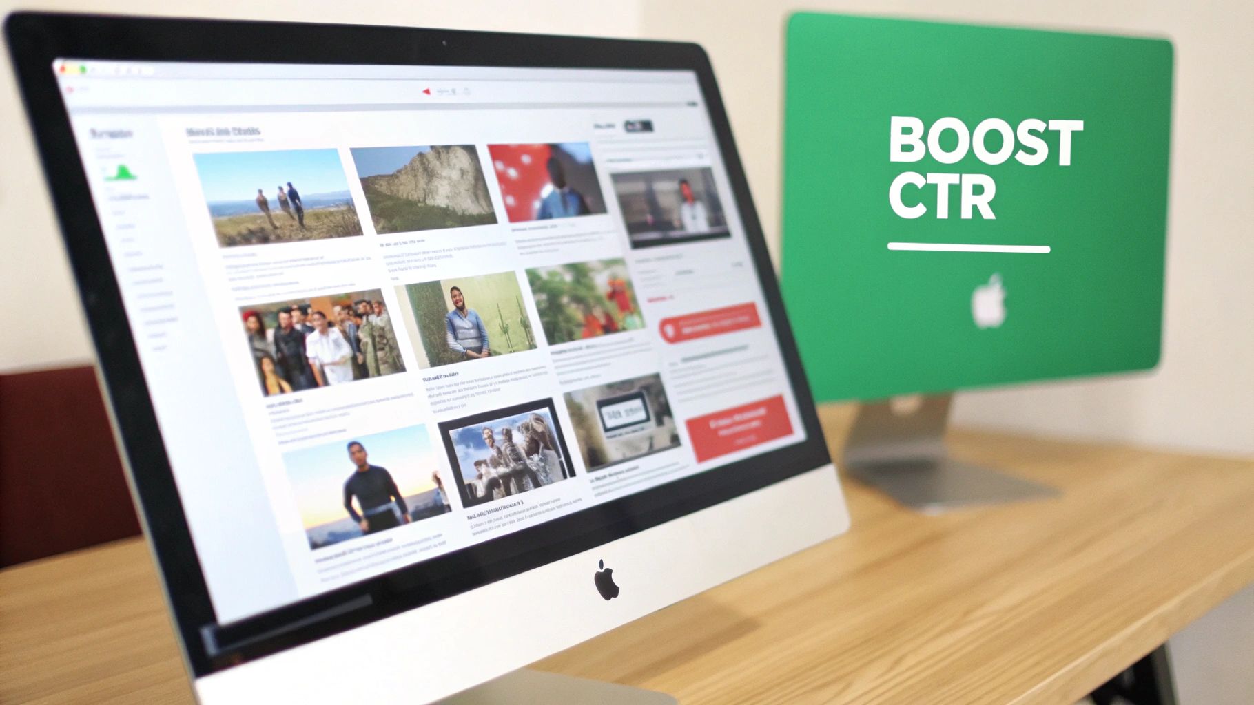 Two Apple monitors on a wooden desk, one displaying a content website and the other 'BOOST CTR'.