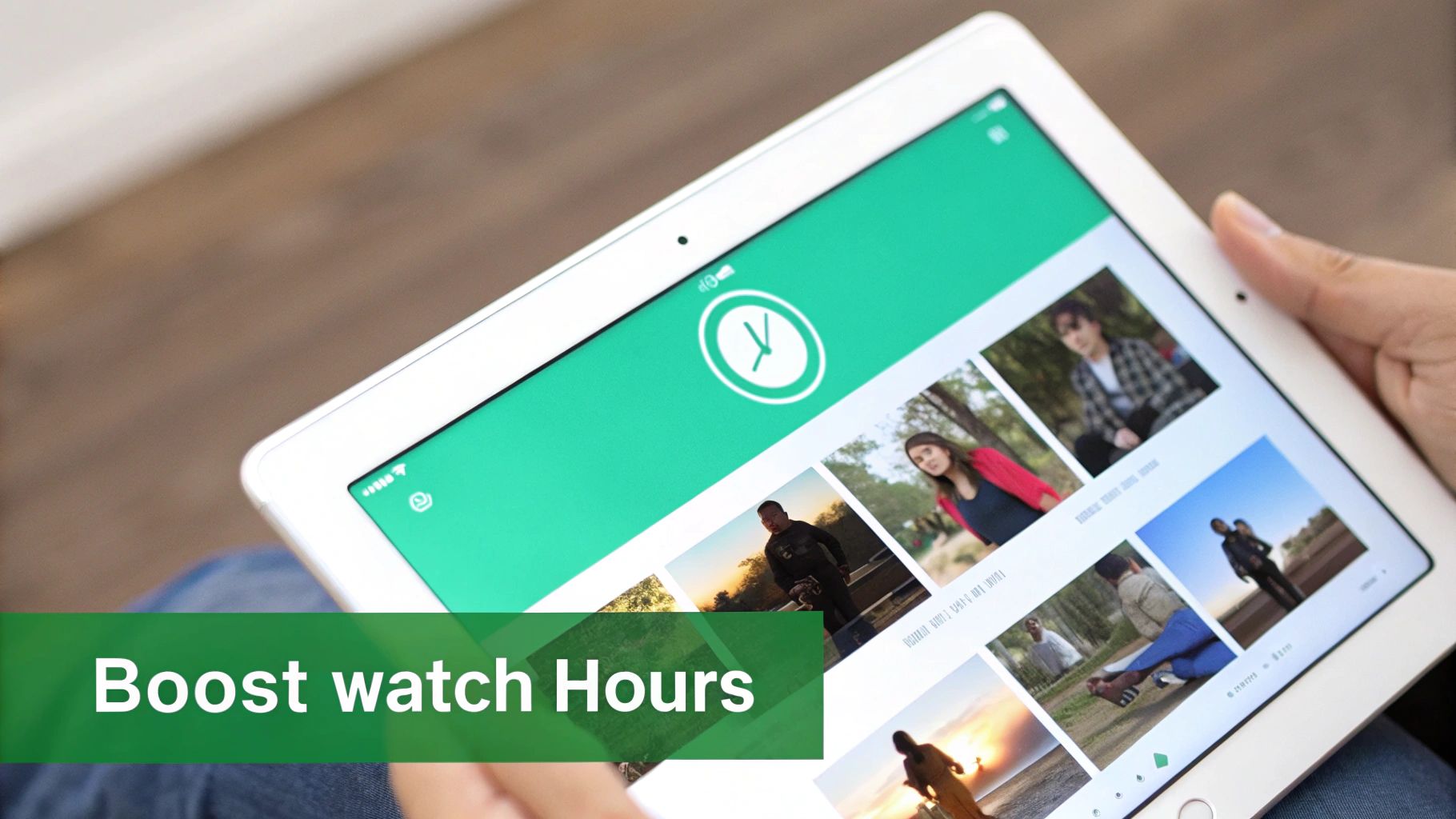 Hand holding a tablet displaying a photo gallery app with a green header and clock icon.