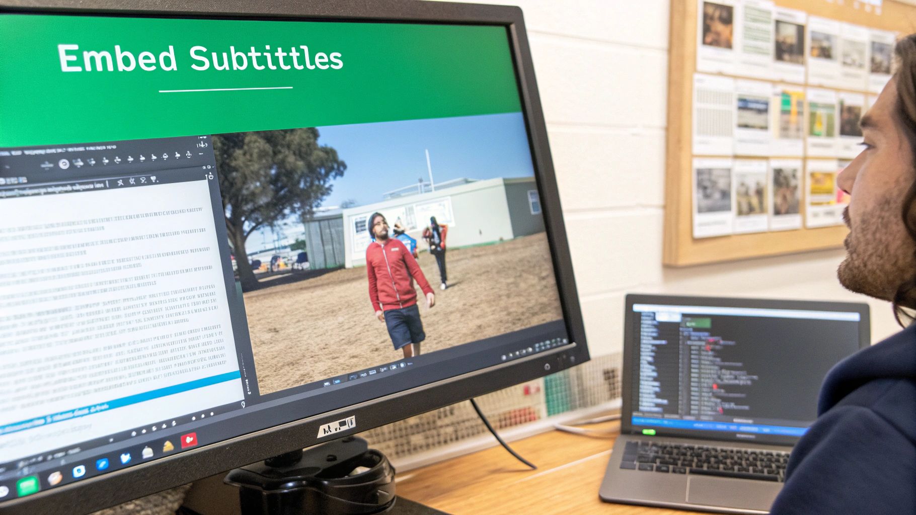 A person looks at a monitor showing 'Embed Subtitles' and a video, with a laptop.