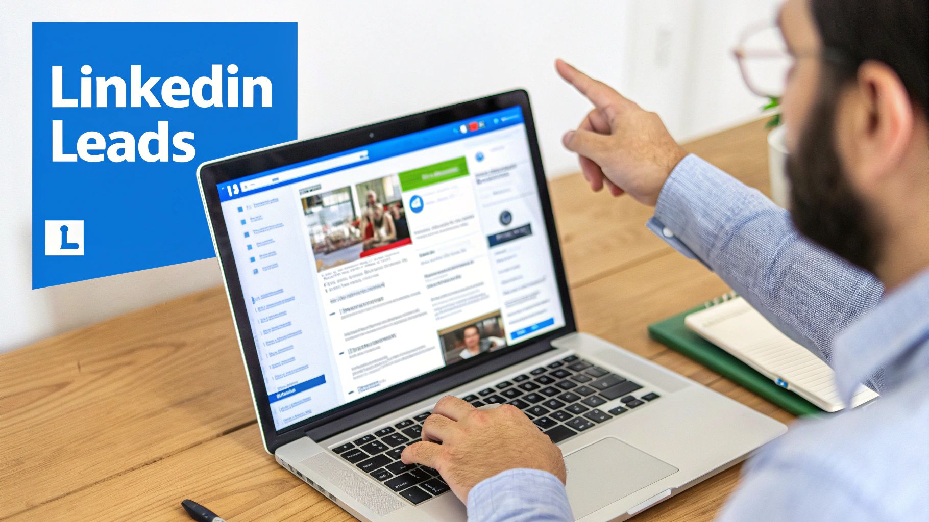 An image showing the LinkedIn logo on a professional, blue background with network connection lines radiating outwards, symbolizing professional networking and lead generation.