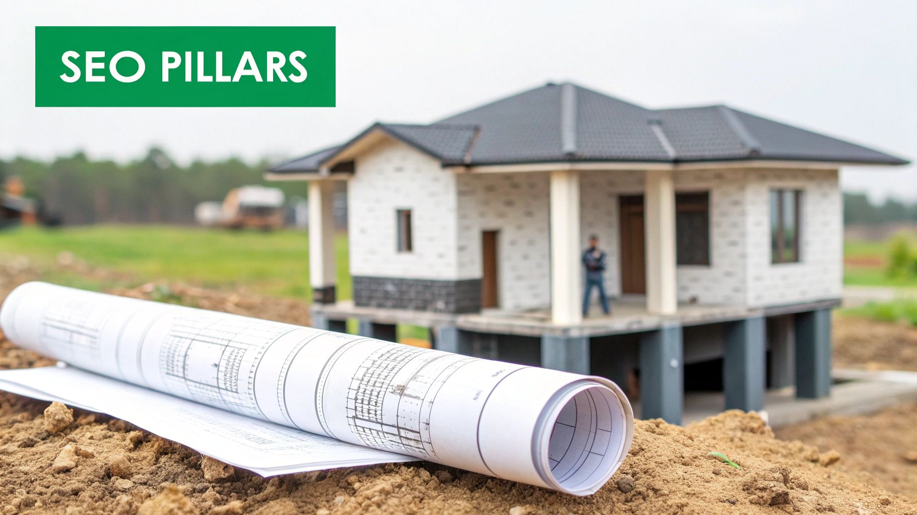 Architectural blueprints on a construction site with a house, representing the foundational SEO pillars.