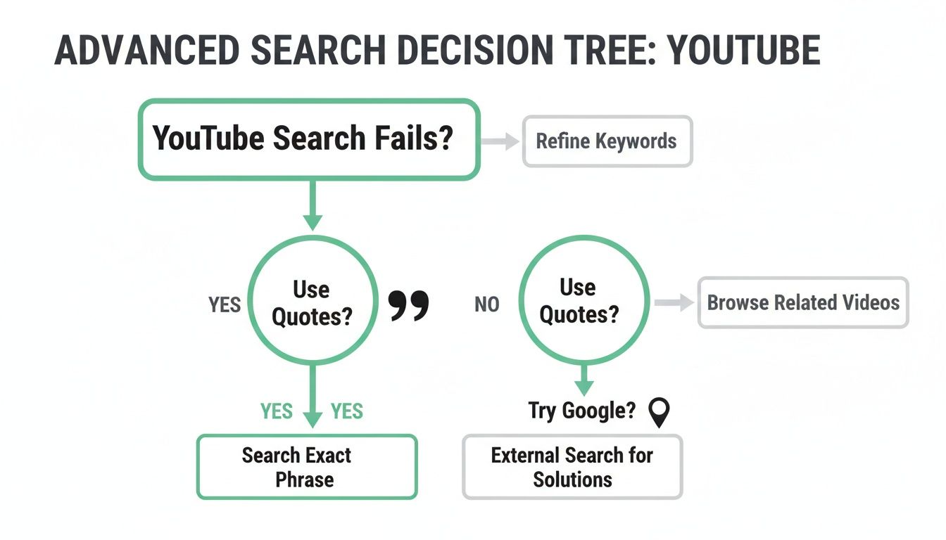 Advanced YouTube search decision tree flowchart detailing steps for refining keywords, exact phrase search, browsing related videos, and external search.
