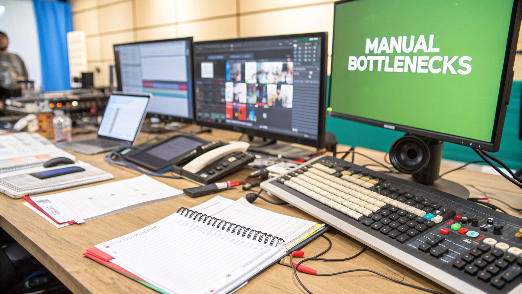 A person at a desk looking frustrated while working on a laptop, symbolizing inefficient workflows.
