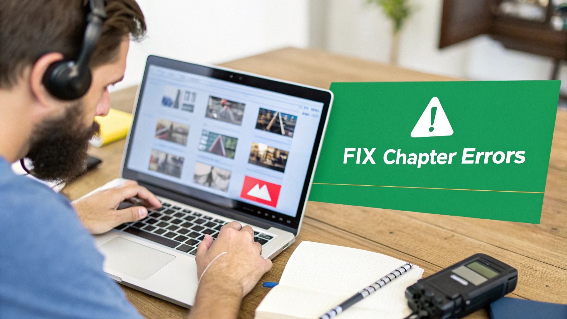 A red exclamation mark on a computer screen next to a YouTube video timeline, symbolizing a chapter error.