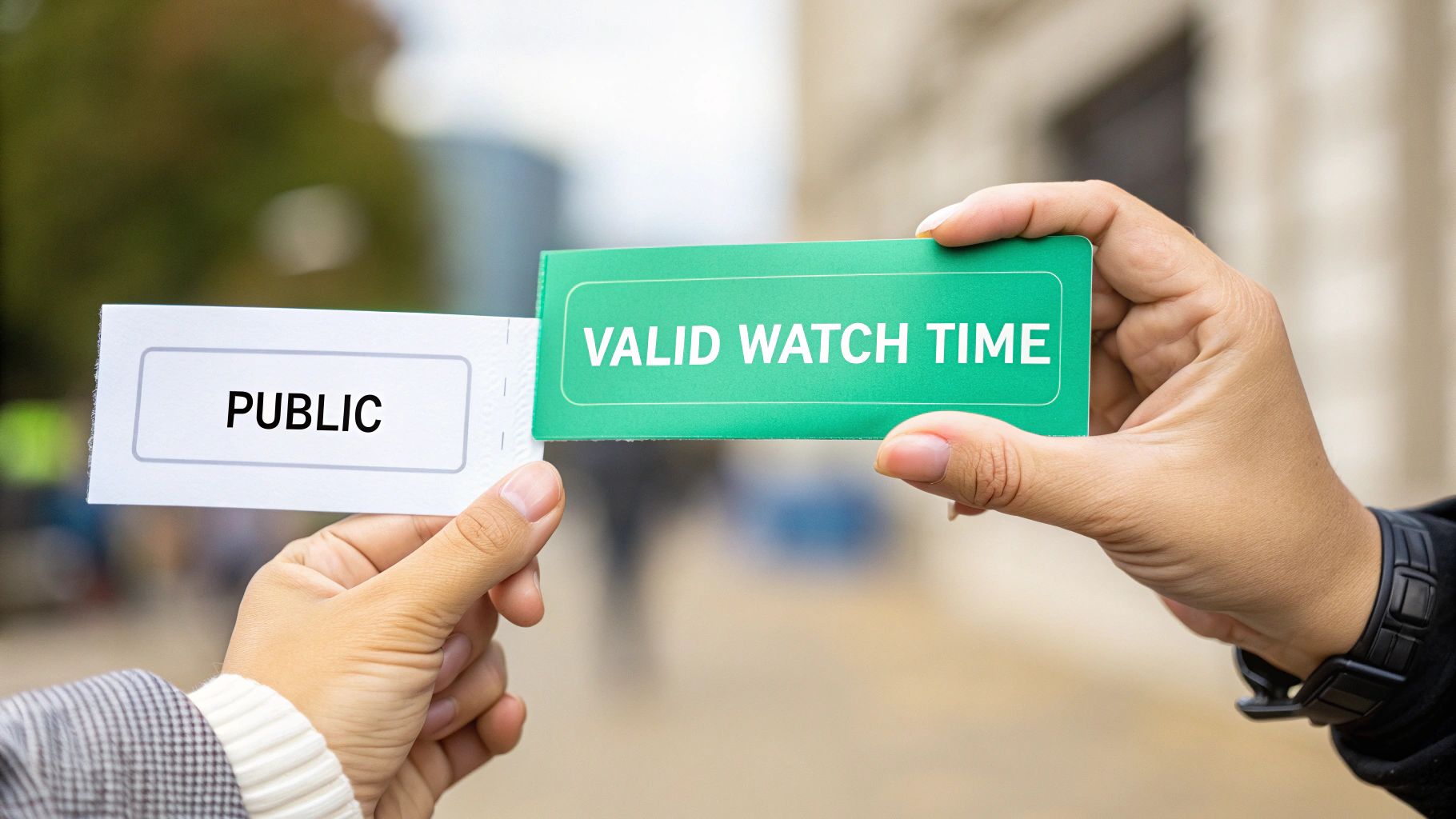 Two hands holding two tickets, one saying 'PUBLIC' and the other 'VALID WATCH TIME'.