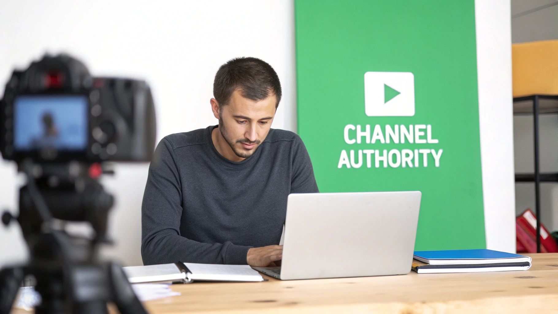 A person working on a laptop with YouTube analytics charts in the background, symbolizing video optimization.