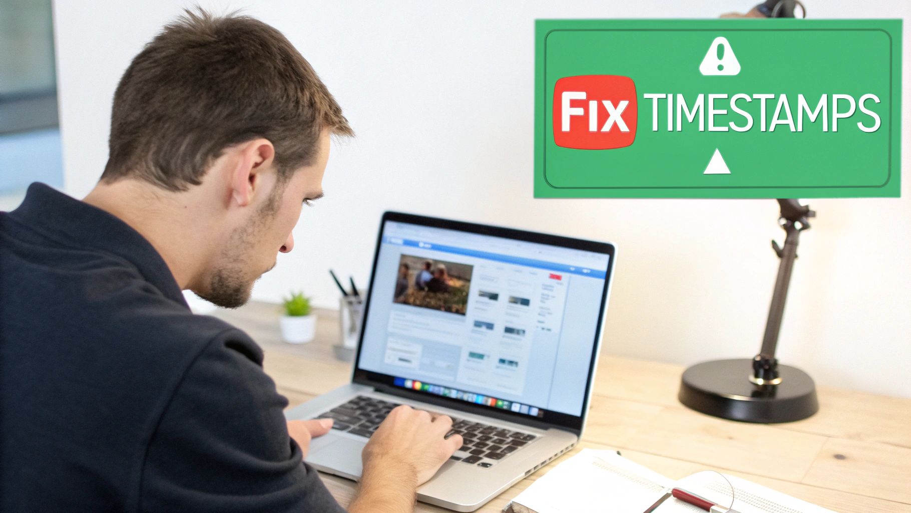 A man intensely works on a laptop, with a green sign in the background stating 'Fix TIMESTAMPS'.