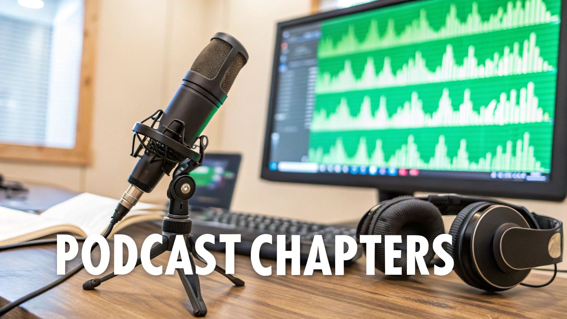A podcast recording setup with a microphone, computer monitor displaying audio waveforms, and headphones on a wooden desk.