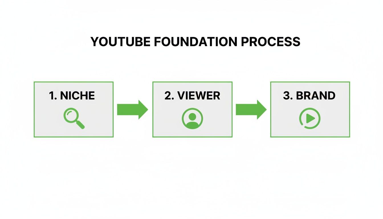 Diagram outlining the YouTube Foundation Process: 1. Niche, 2. Viewer, and 3. Brand with icons.