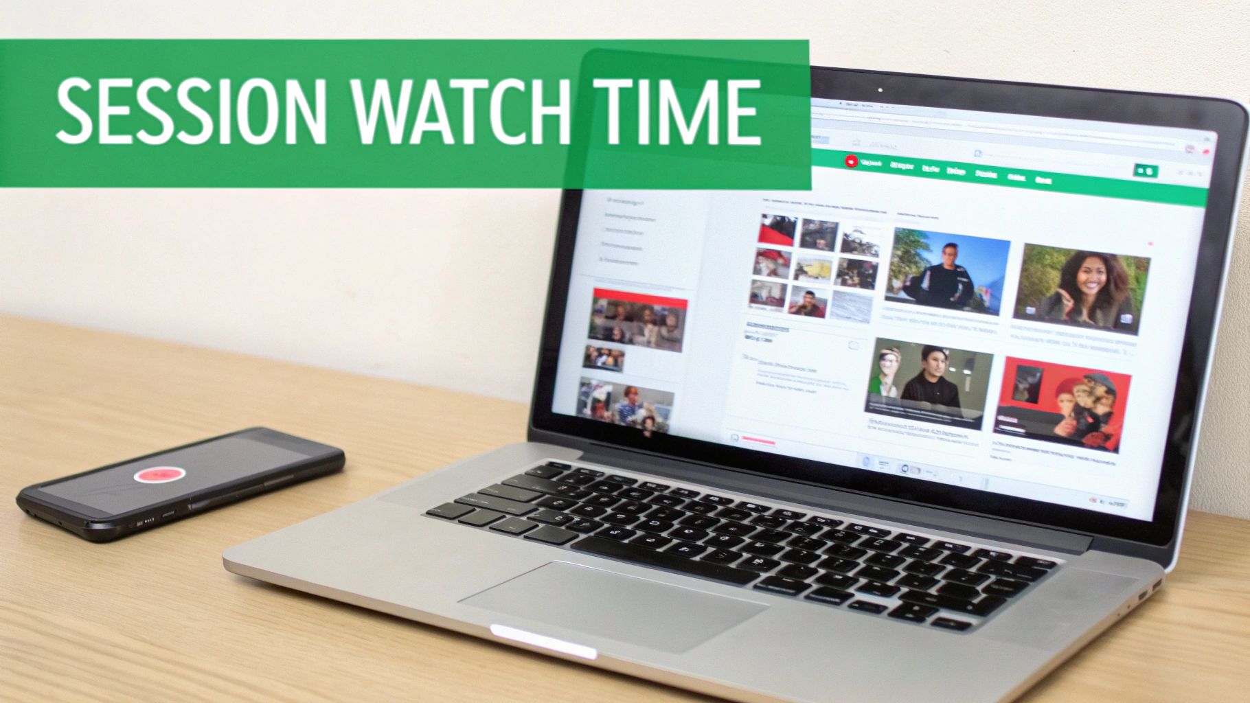 A laptop displaying a video website and a smartphone, with a 'SESSION WATCH TIME' overlay.