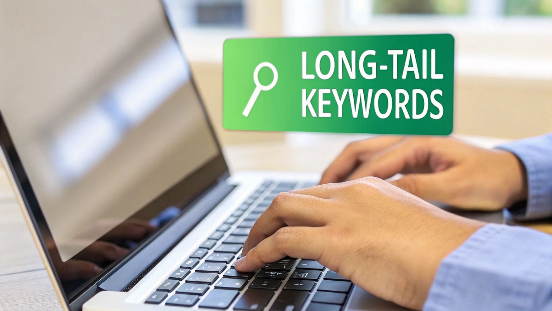 A person types on a laptop keyboard, with a green graphic displaying 'LONG-TAIL KEYWORDS' and a search icon.