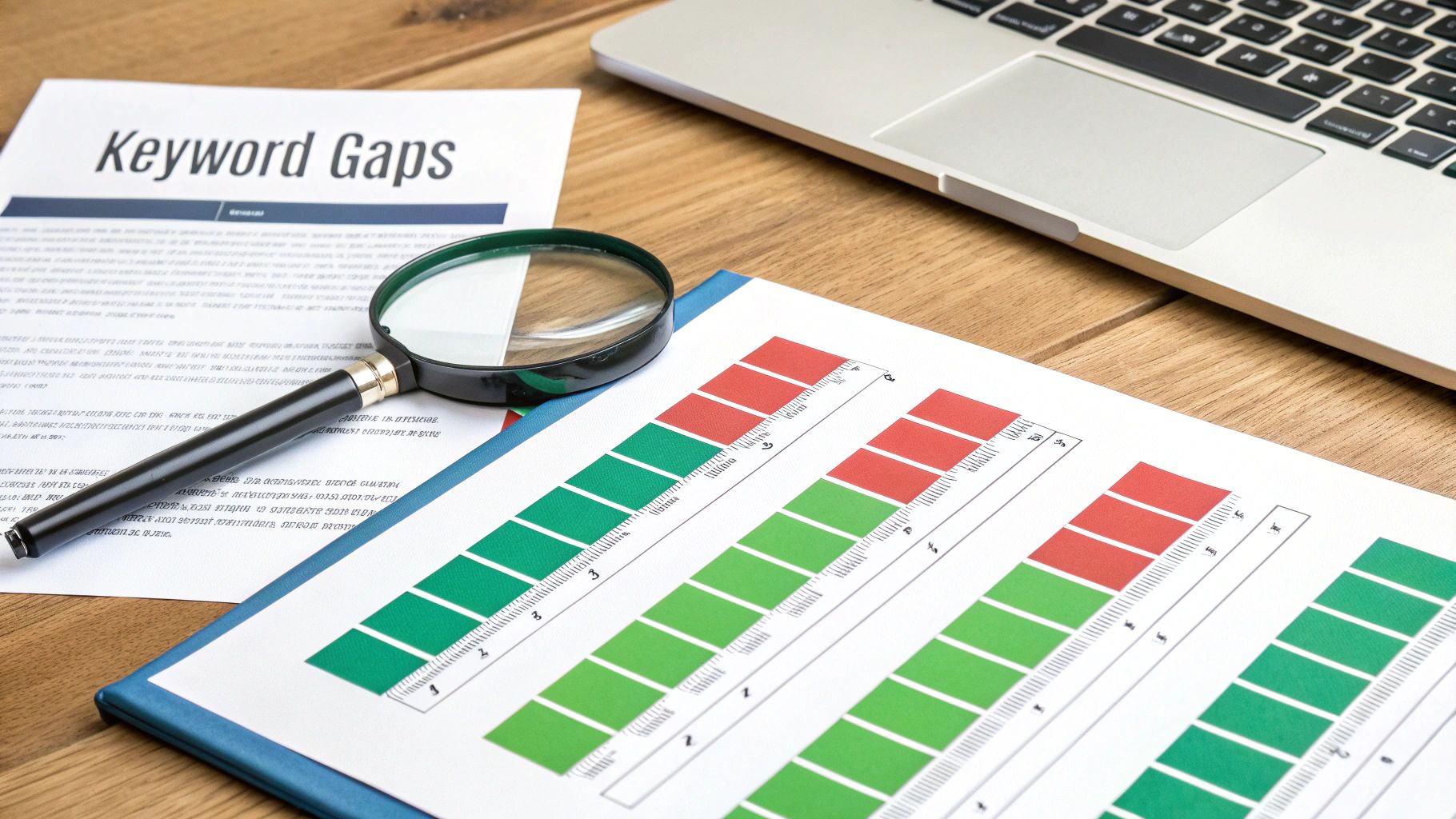 Document 'Keyword Gaps' with a magnifying glass, chart showing progress, and a laptop on a wooden desk.
