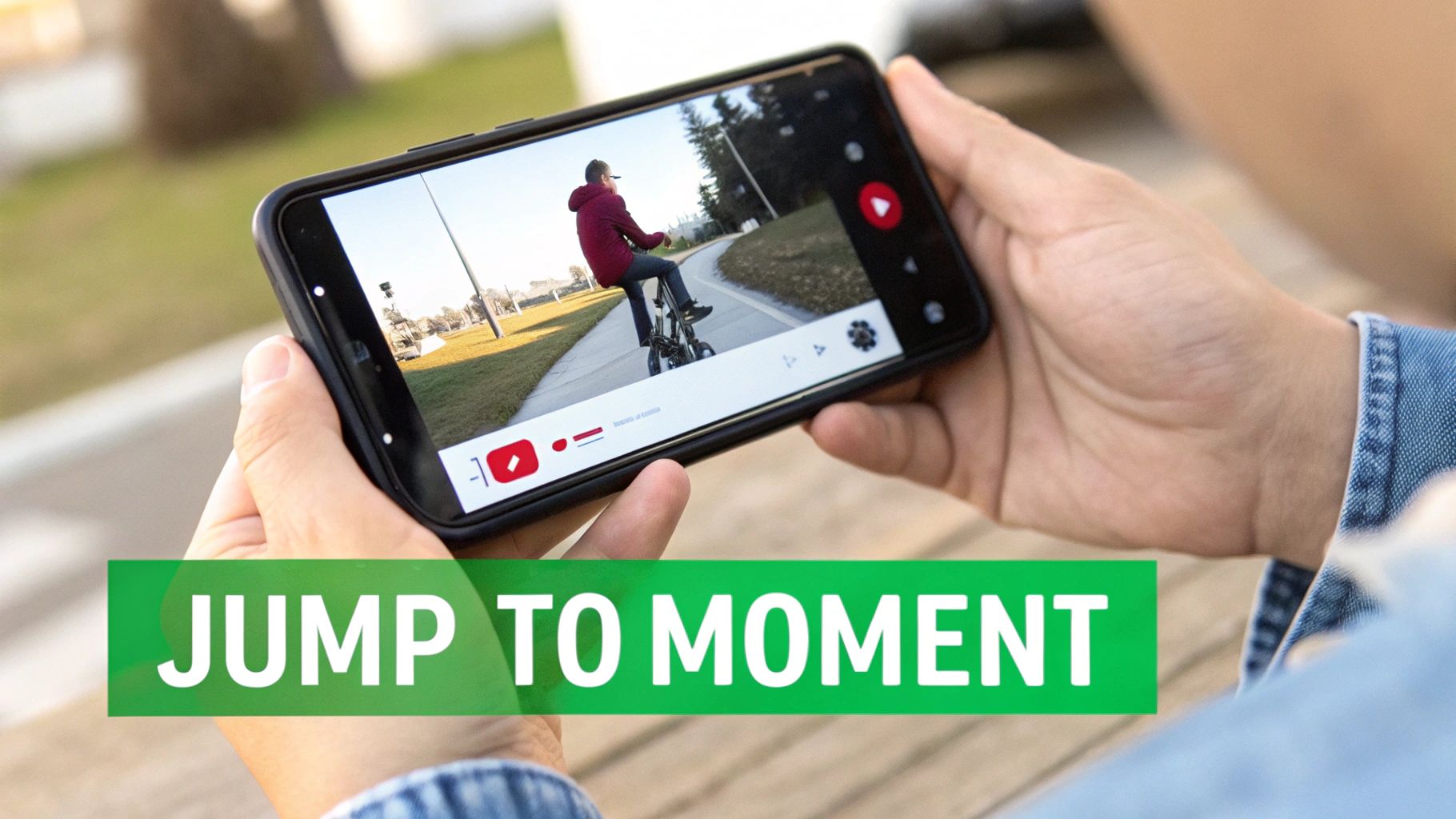 Hands hold a smartphone displaying a video of a person riding a BMX bike on a path, with 'JUMP TO MOMENT' text.