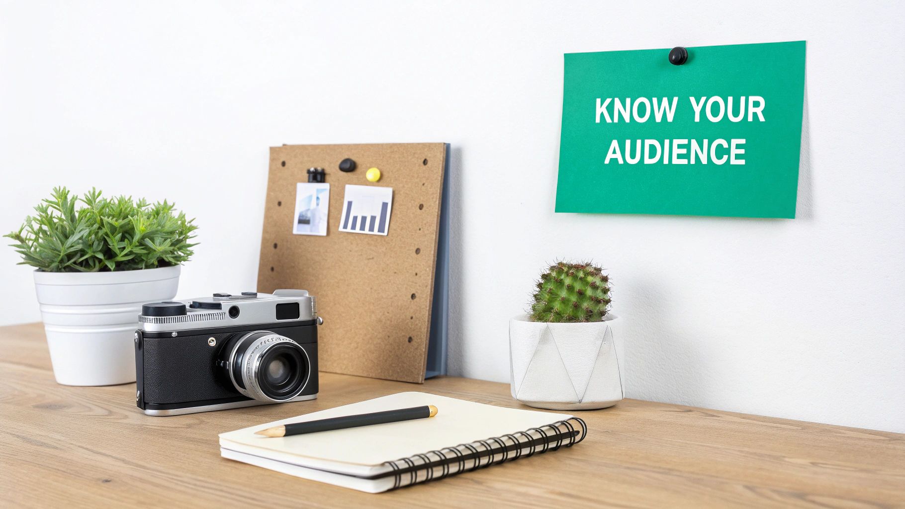 A modern desk setup featuring a vintage camera, plants, notebook, and a 'KNOW YOUR AUDIENCE' note.