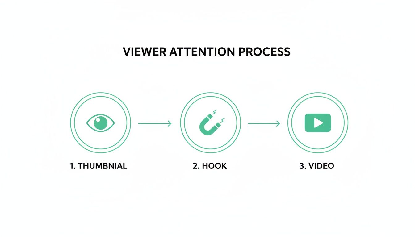 Diagram illustrating the viewer attention process for videos, from thumbnail to hook to actual video playback.