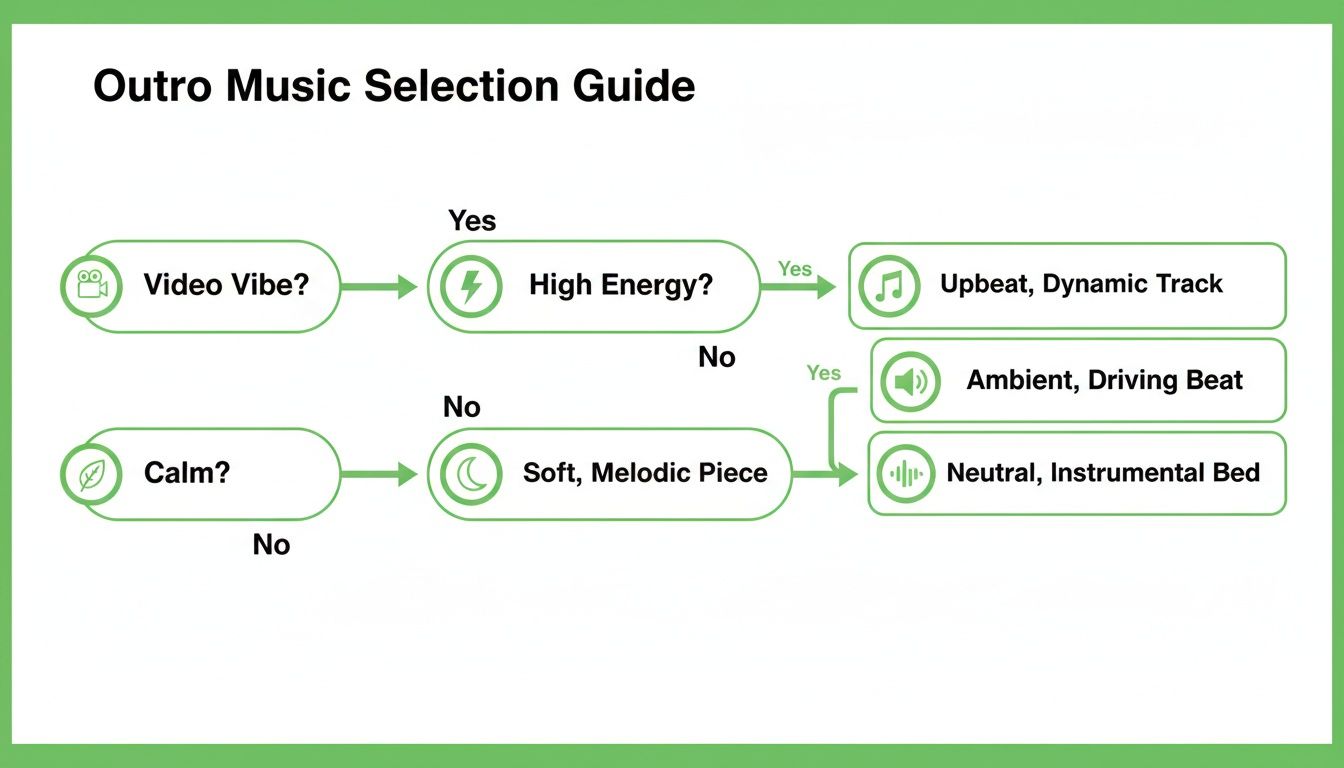 An outro music selection guide flowchart with options for high energy, calm, or neutral tracks.