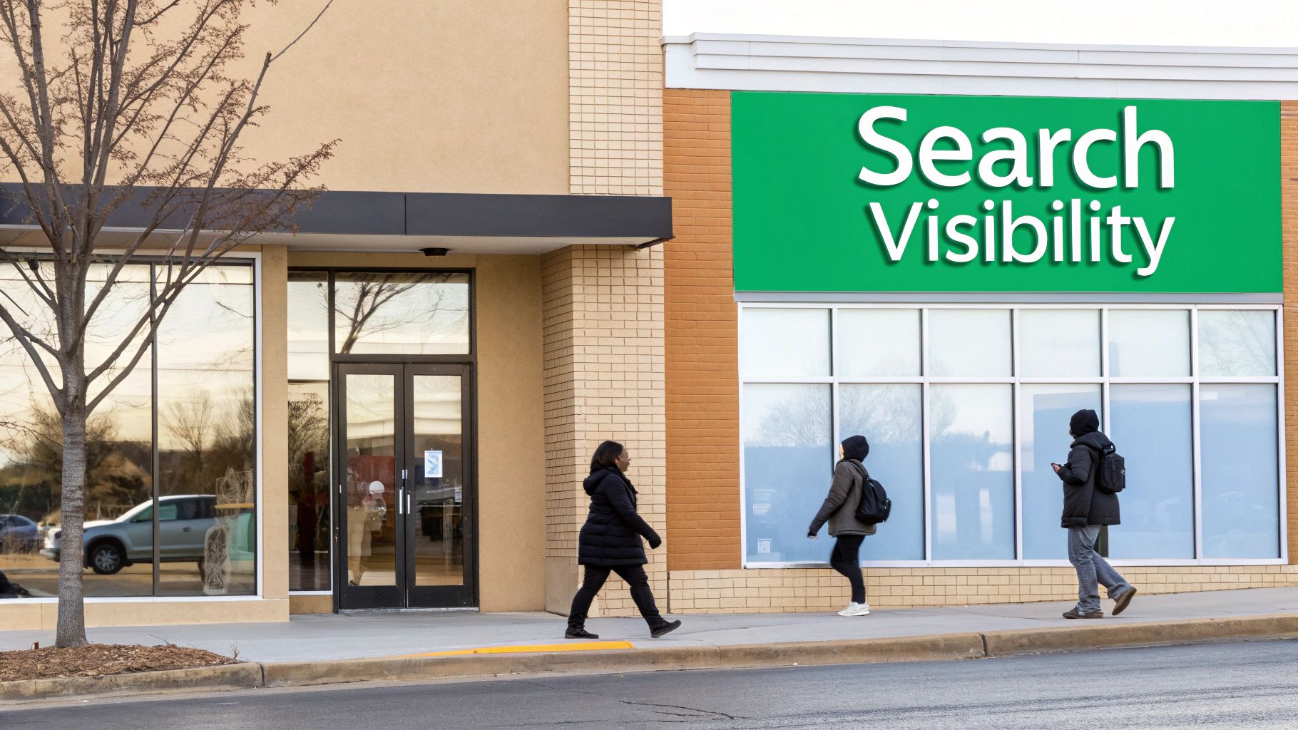 People walk past a modern building with a prominent green 'Search Visibility' sign.