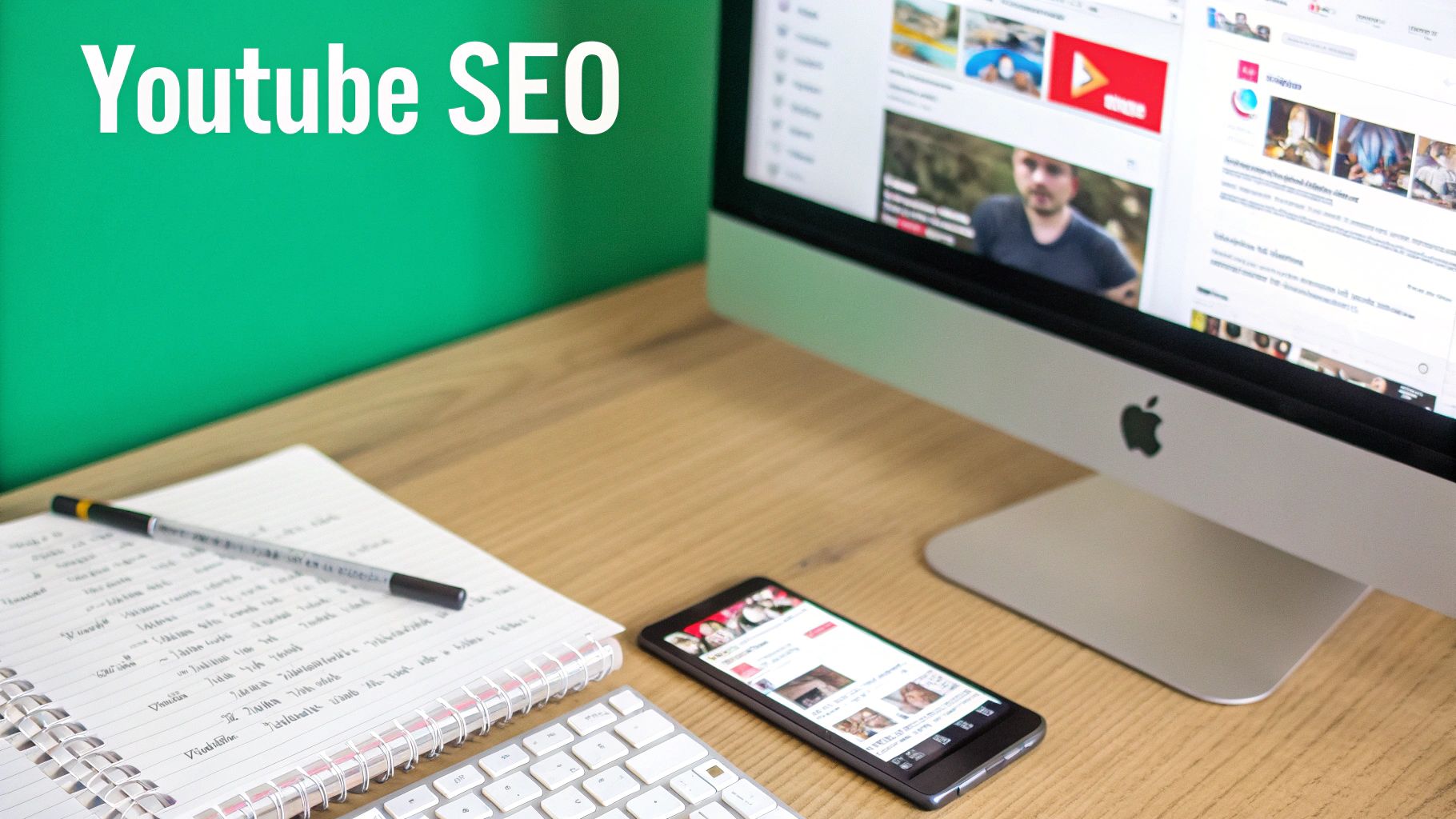 A desk setup with a computer showing Youtube, a smartphone, notebook, and keyboard, highlighting 'Youtube SEO'.