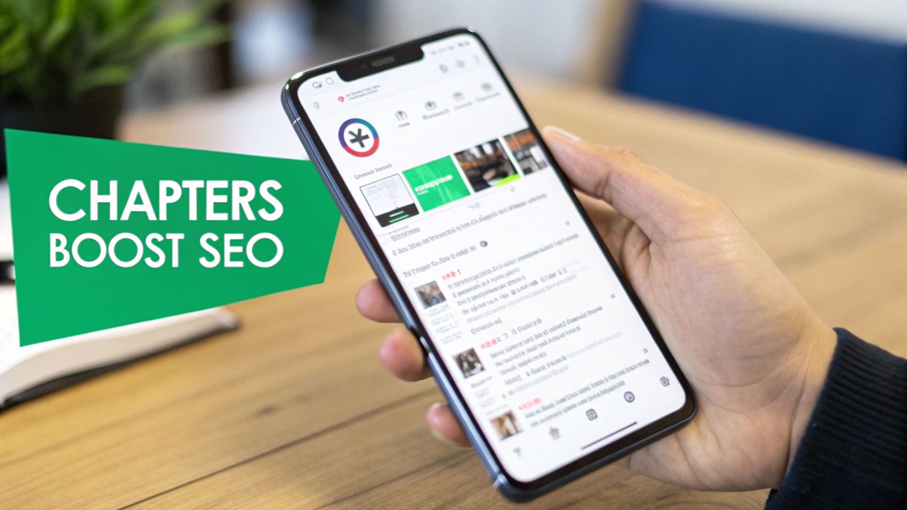 A hand holds a smartphone displaying an app with a social feed, next to a green 'CHAPTERS BOOST SEO' banner.