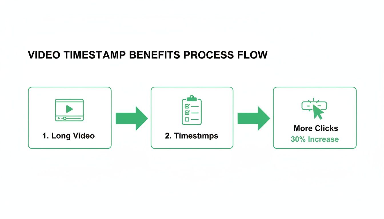 Flowchart illustrates how adding timestamps to long videos increases clicks by 30%.