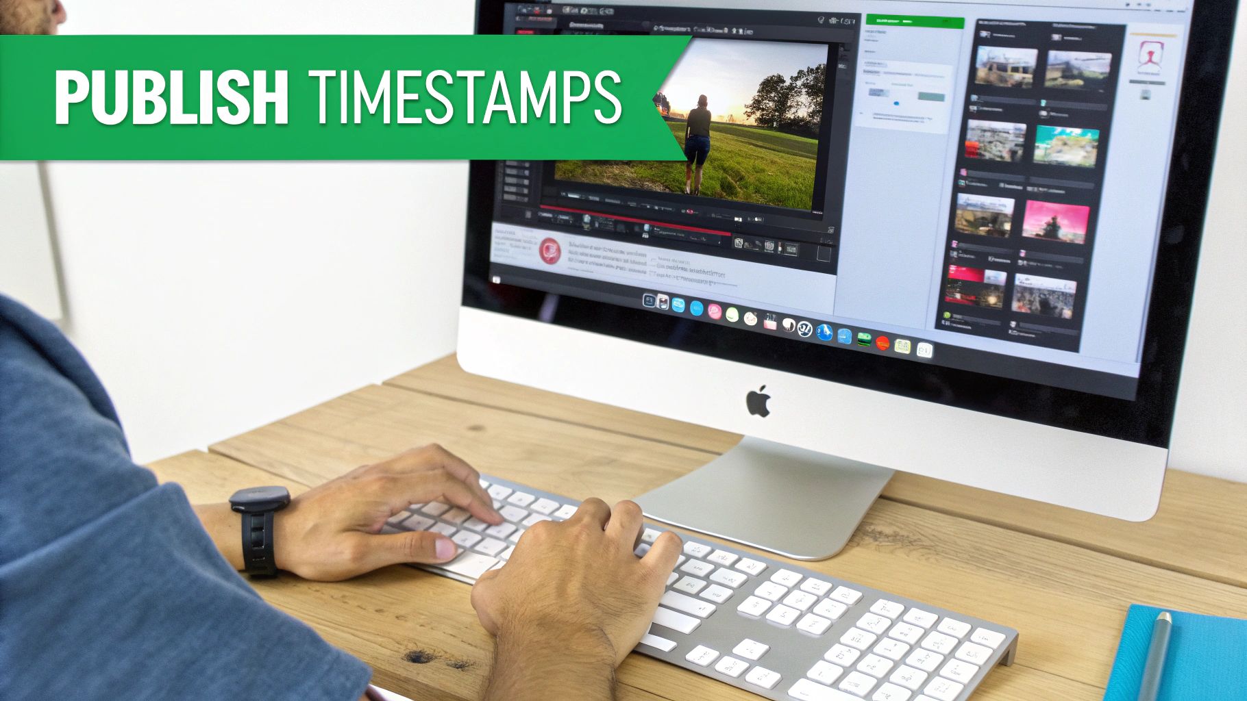 Close-up of a person typing on a keyboard, working on an iMac to publish video timestamps.