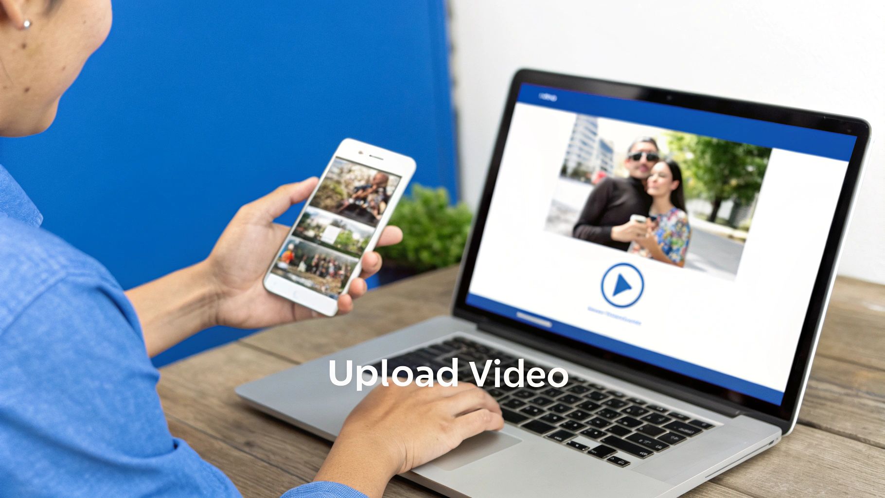 A person at a desk uploading a video to their LinkedIn profile on a laptop