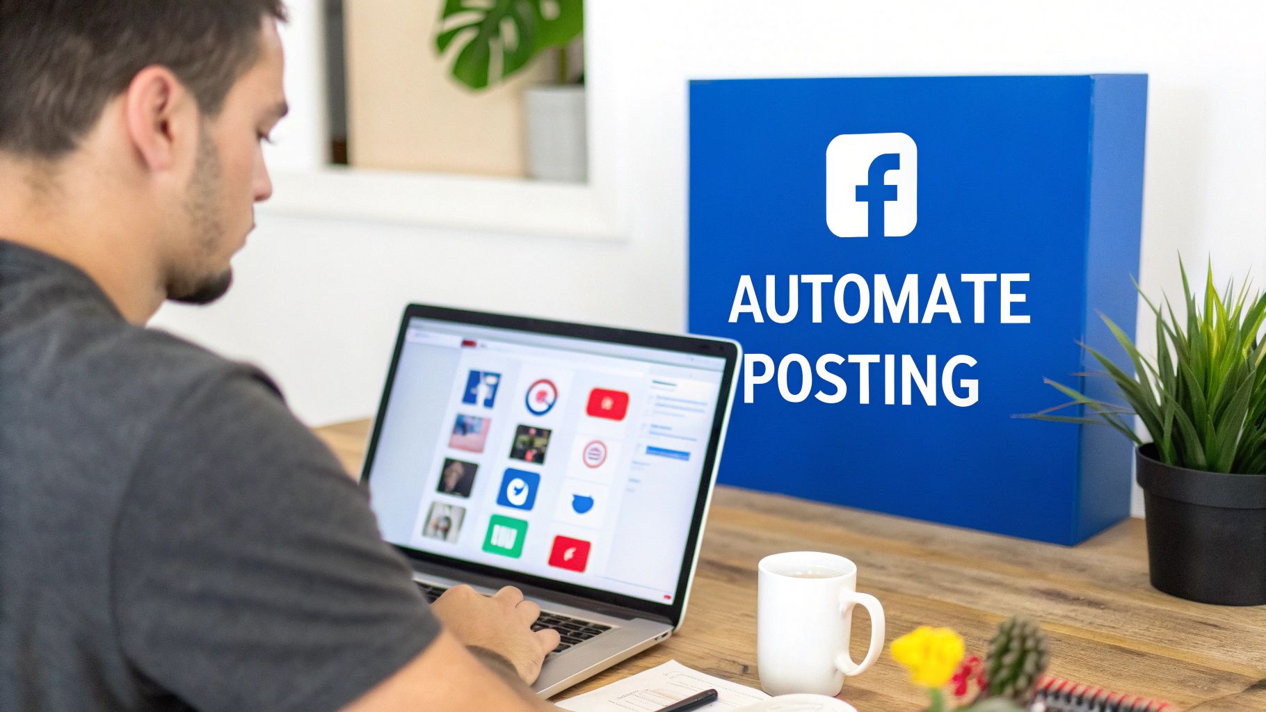 A person using PostOnce on a laptop to automate posting a YouTube video to Facebook