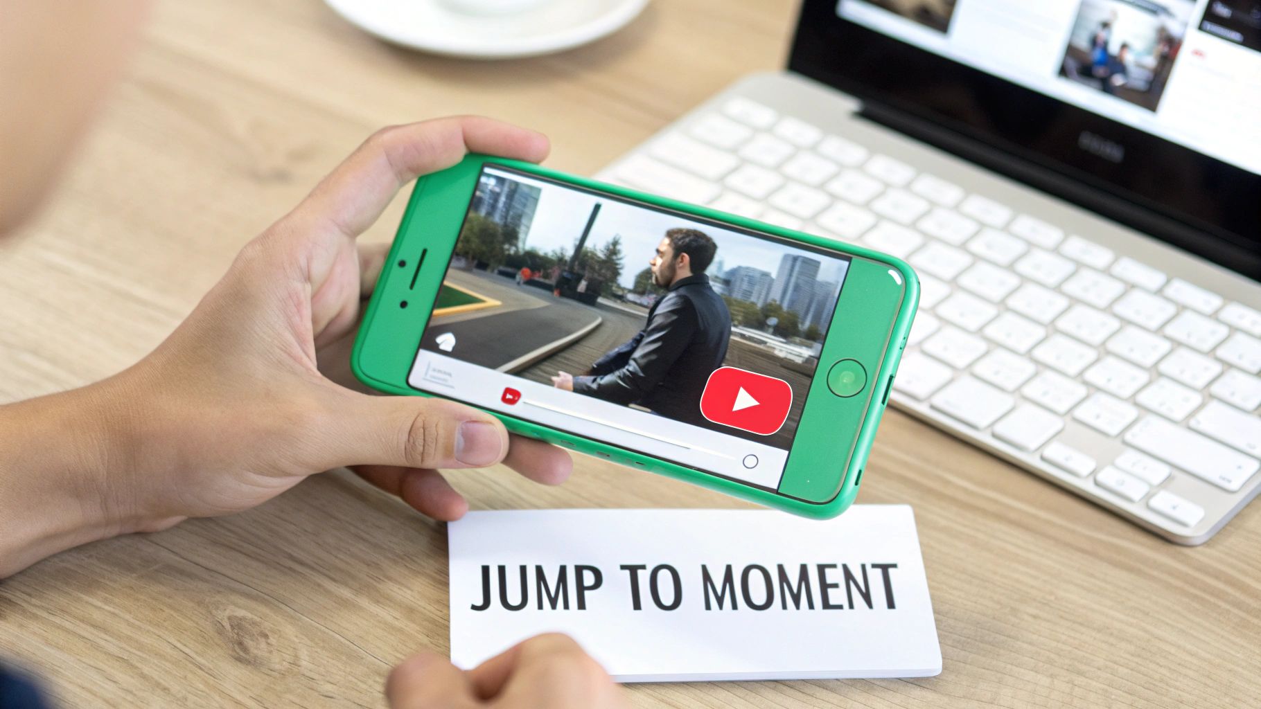 A person holds a green smartphone playing a YouTube video, with a 'JUMP TO MOMENT' card below.