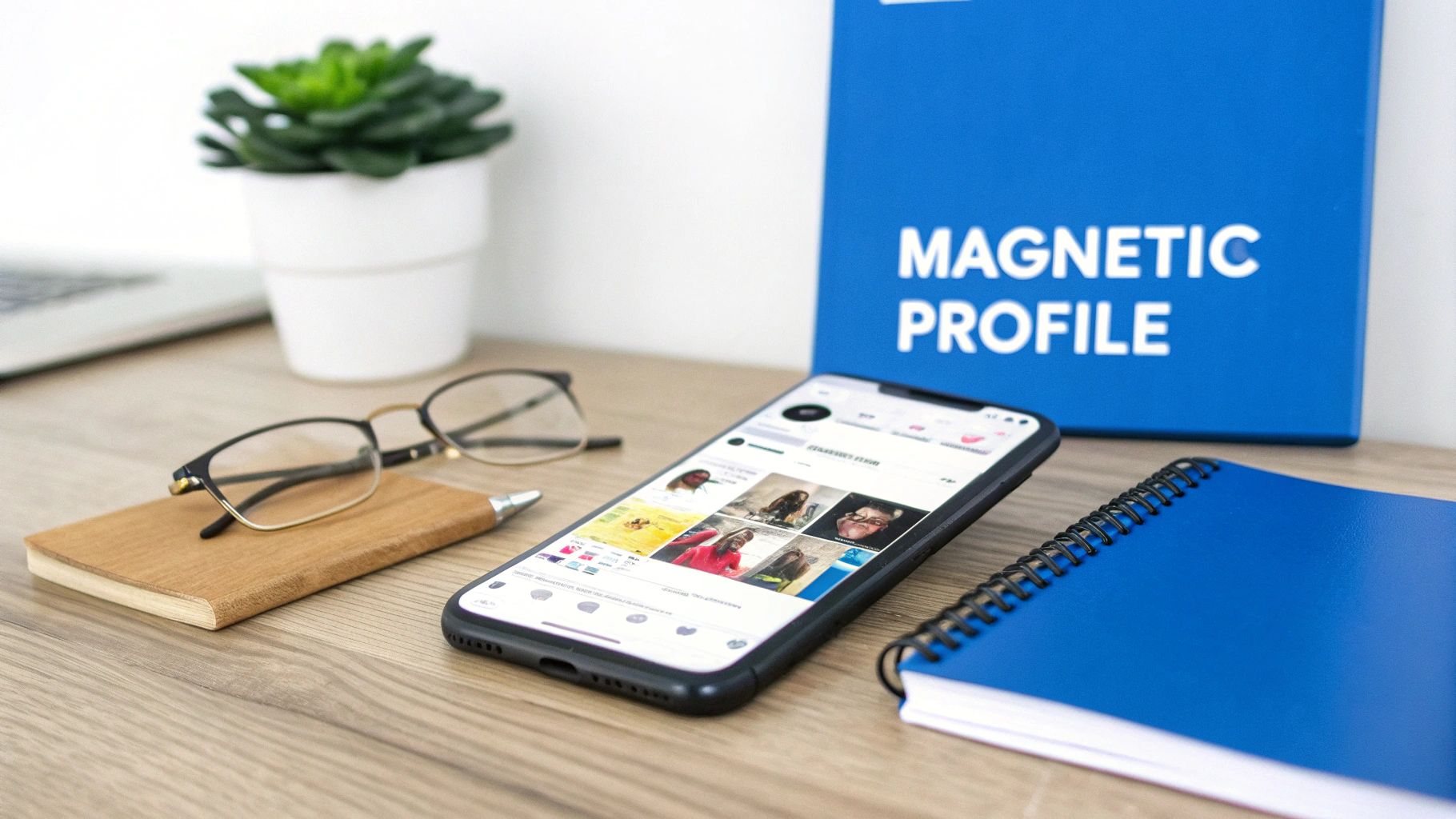 Woman creating Instagram content on her phone at a cafe table