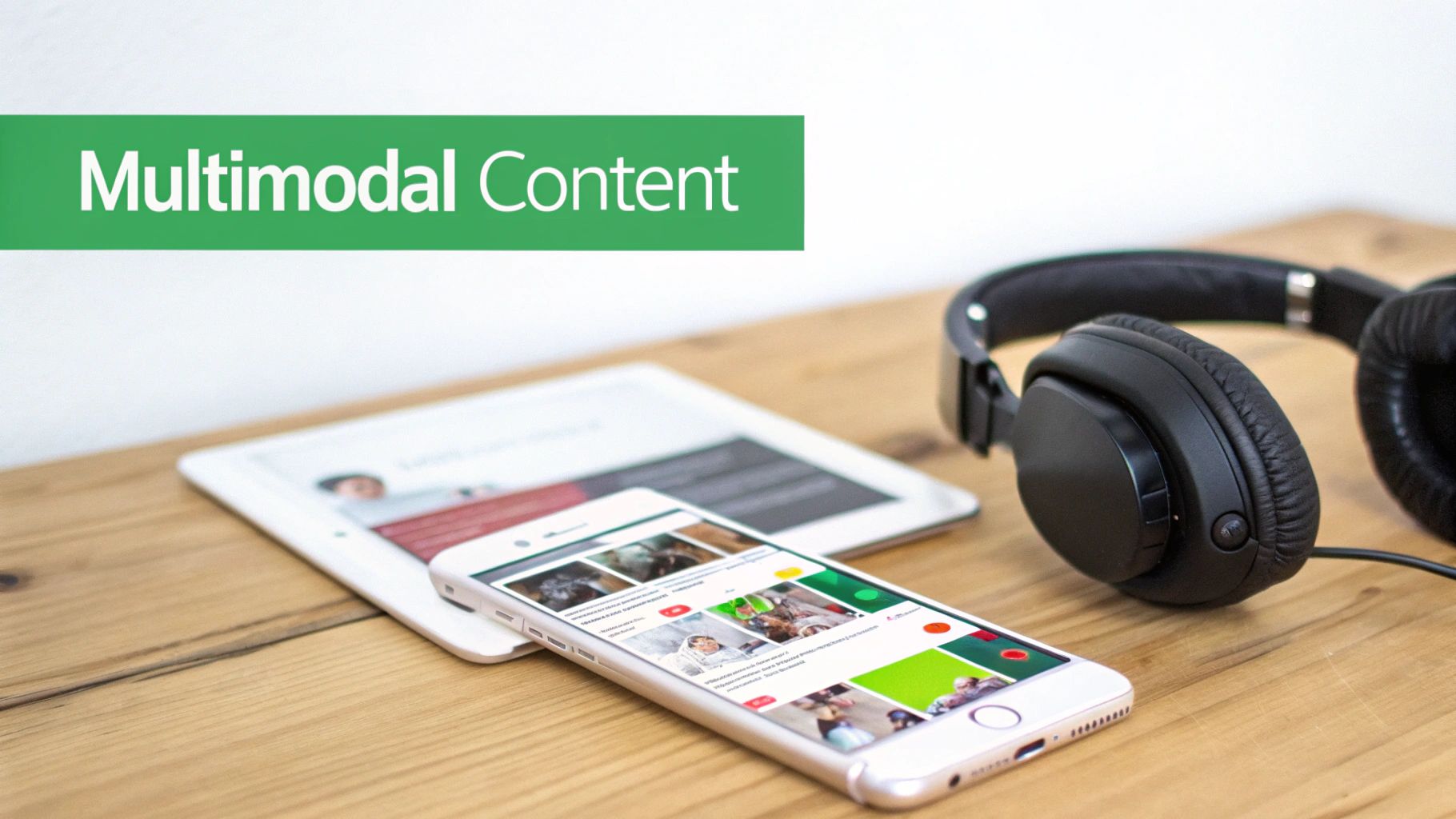 A smartphone, tablet, and headphones on a wooden desk with a 'Multimodal Content' banner.