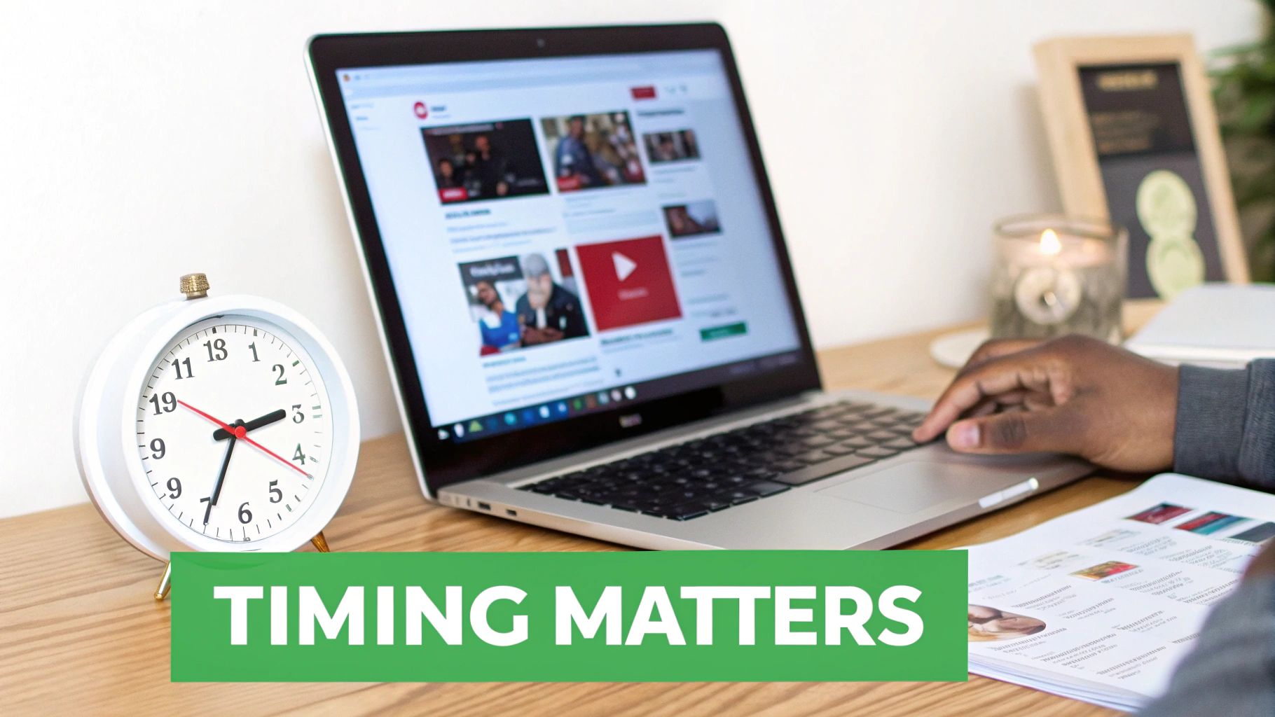 A person works on a laptop next to a white alarm clock on a wooden desk, with "TIMING MATTERS" text.