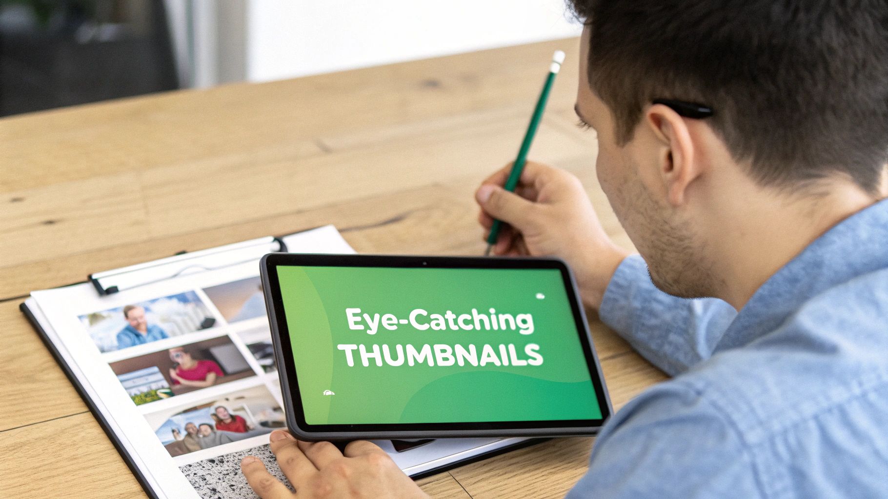 A split image showing a compelling YouTube thumbnail on one side and a well-crafted video title on the other, symbolizing their powerful combination.